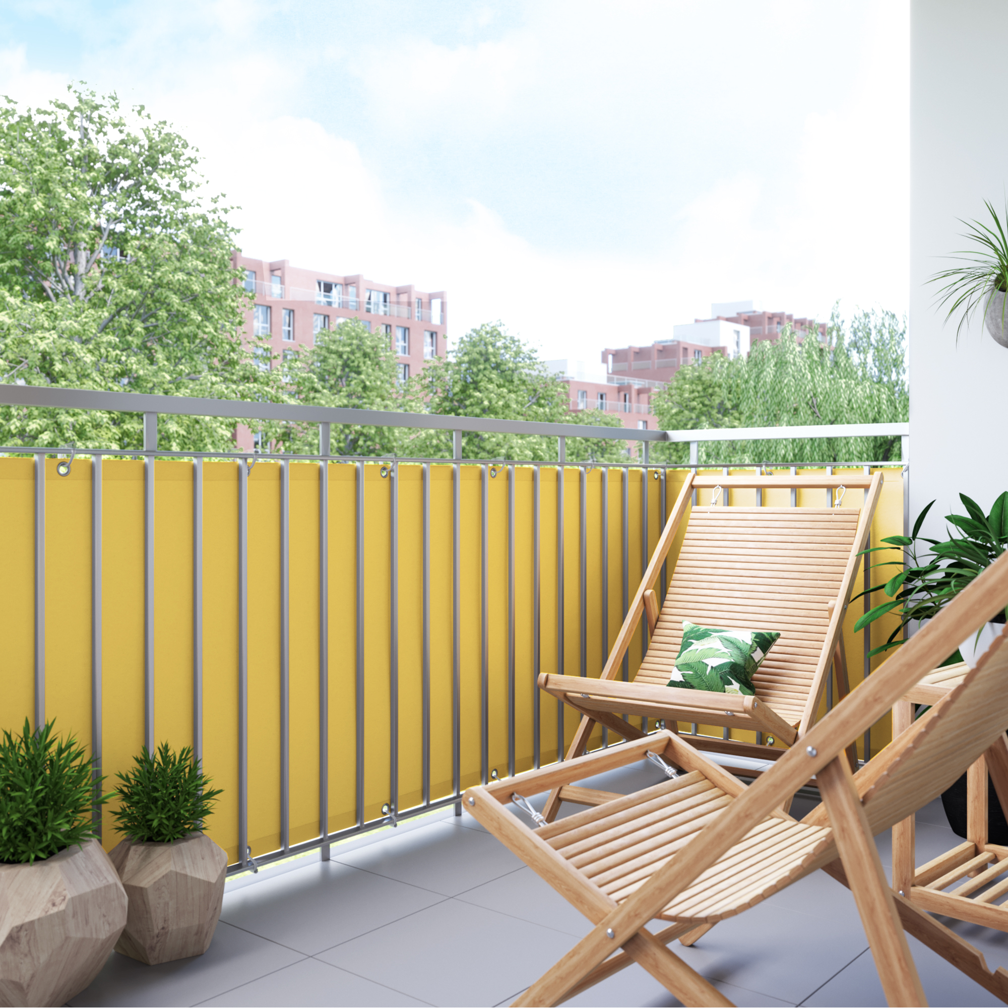 Rivestimento del balcone in poliestere, impermeabile, fissato al parapetto, con lettini e piante