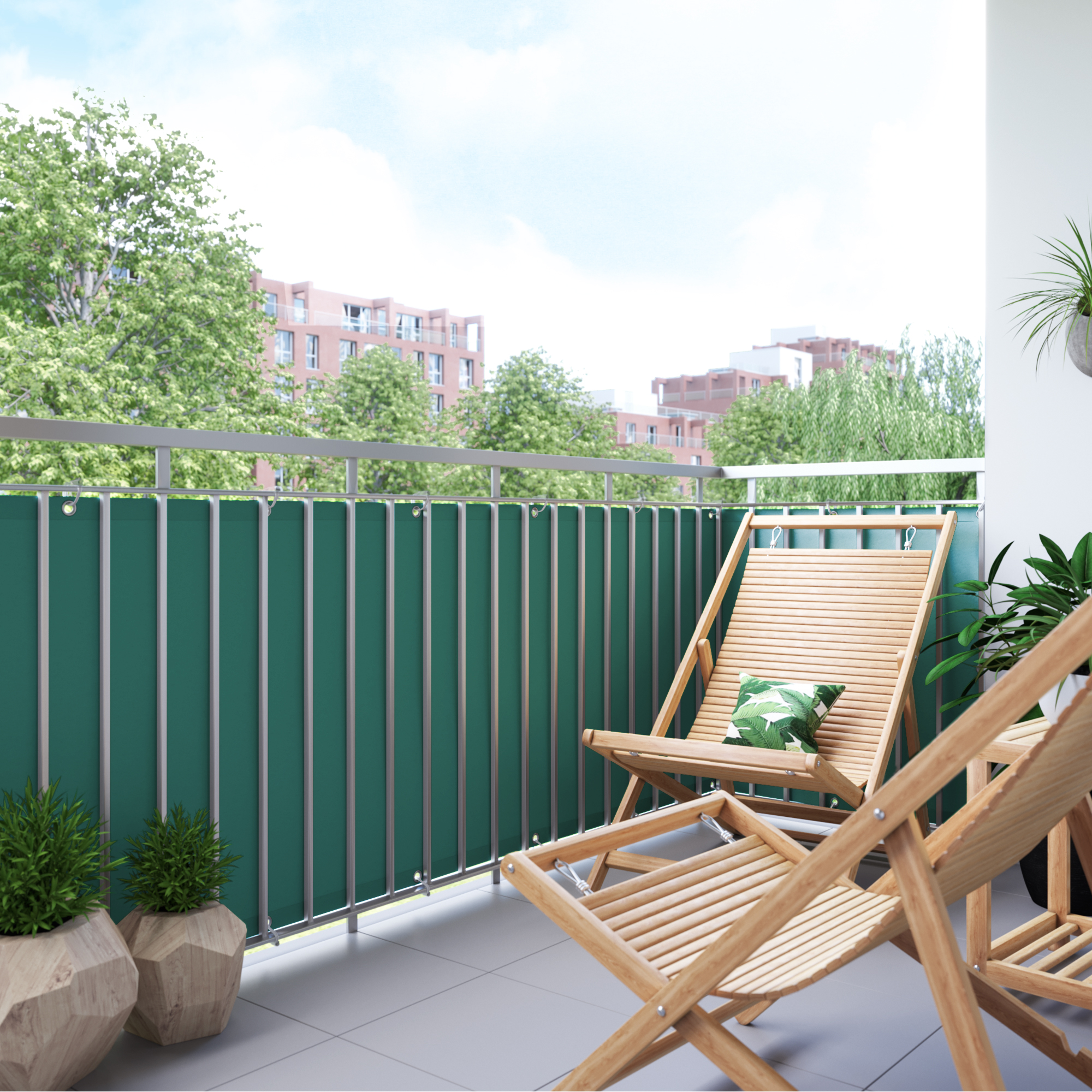 Rivestimento del balcone in poliestere, impermeabile, fissato al parapetto, con lettini e piante