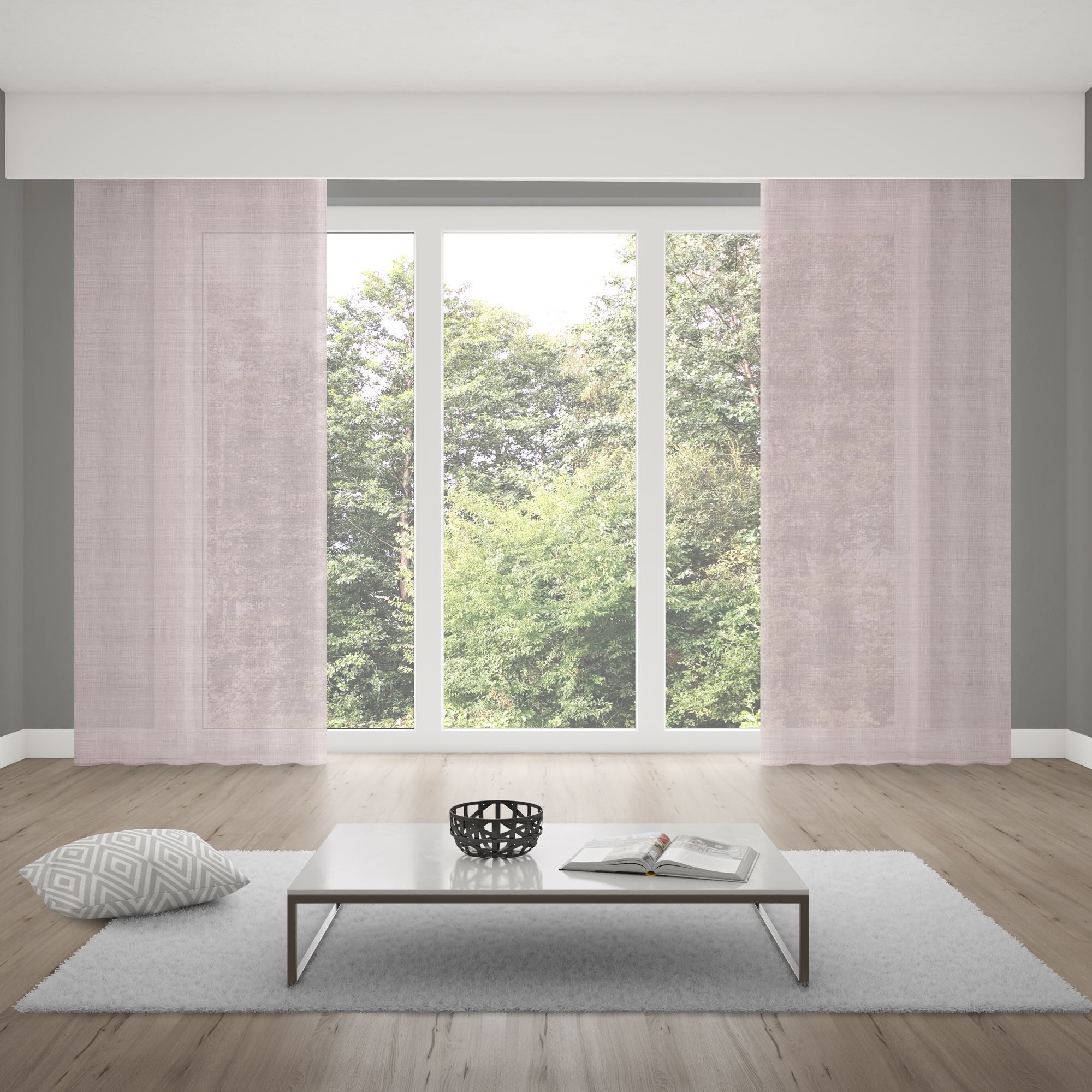 Tenda con nastro ad anello in aspetto lino davanti a una grande finestra in ambiente moderno