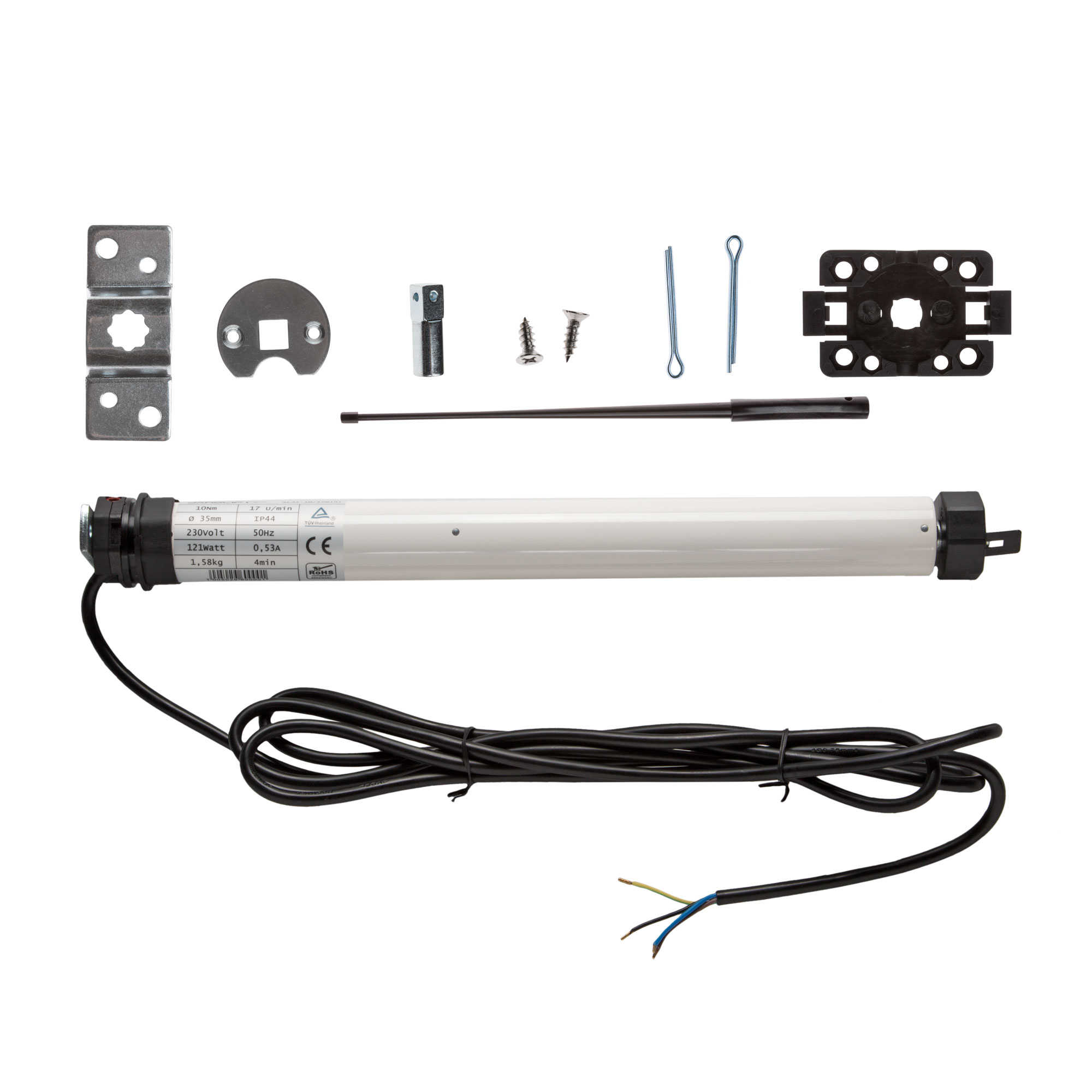 Motore per tapparelle con accessori e cavo per montaggio e collegamento