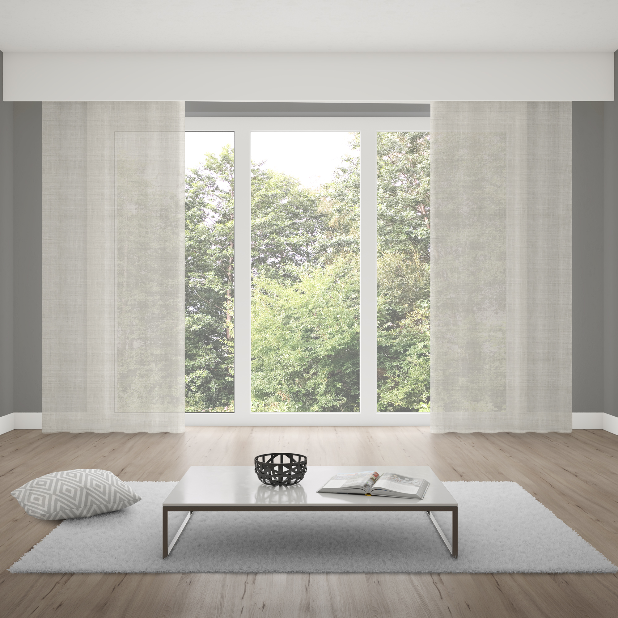 Tenda con nastro ad anello in aspetto lino davanti a una grande finestra in ambiente moderno