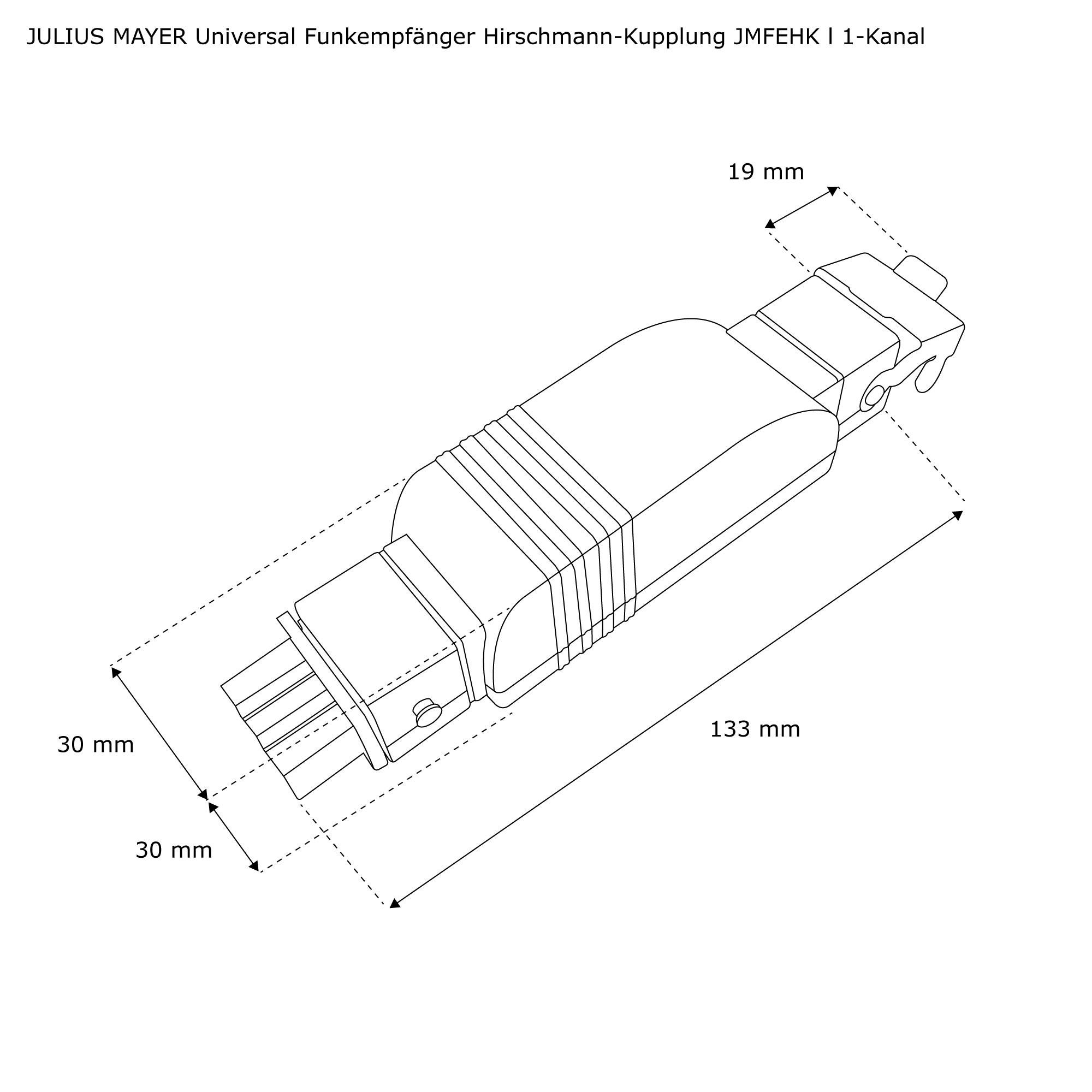 Disegno tecnico di un ricevitore radio con connessione Hirschmann e misure