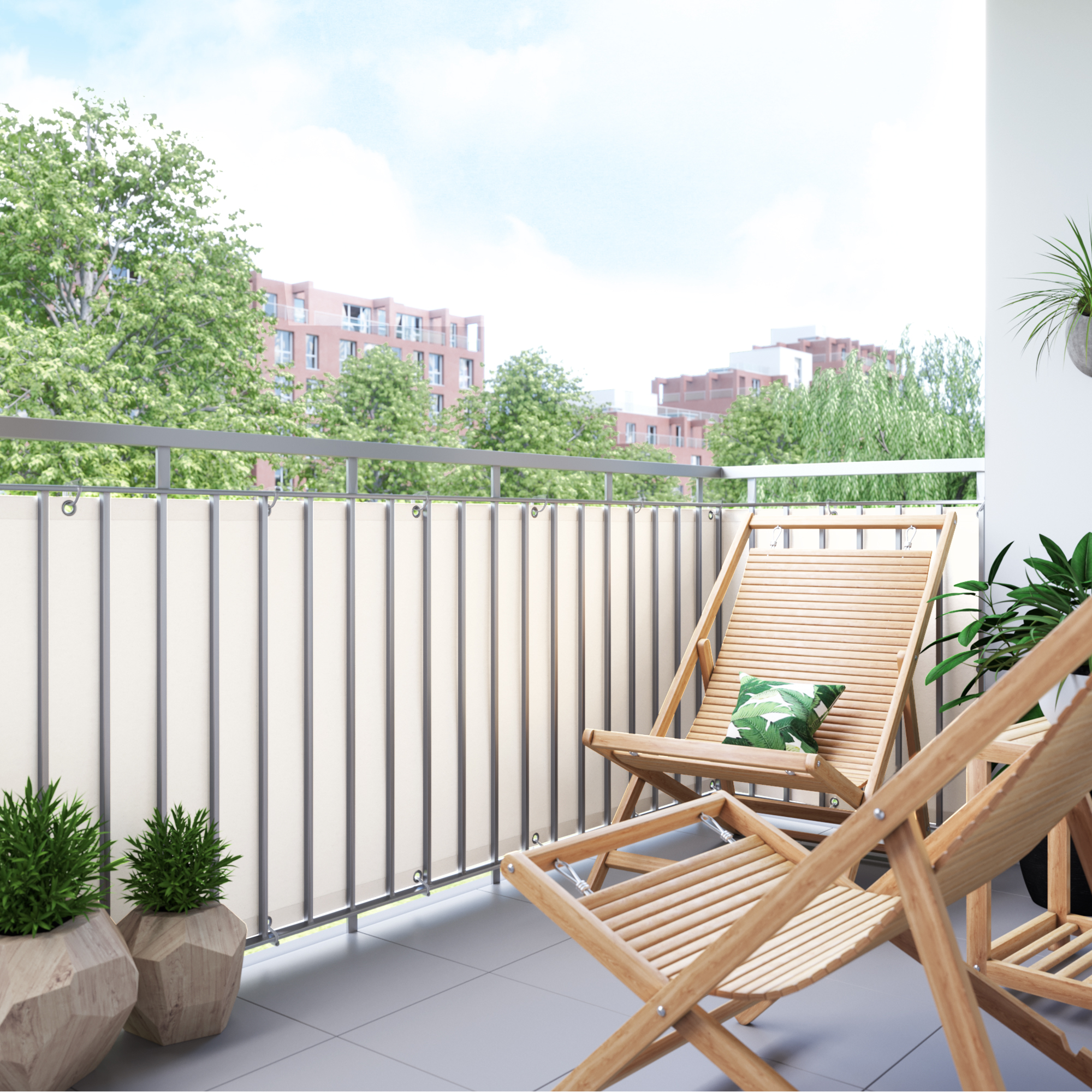 Rivestimento del balcone in poliestere, impermeabile, fissato al parapetto, con lettini e piante