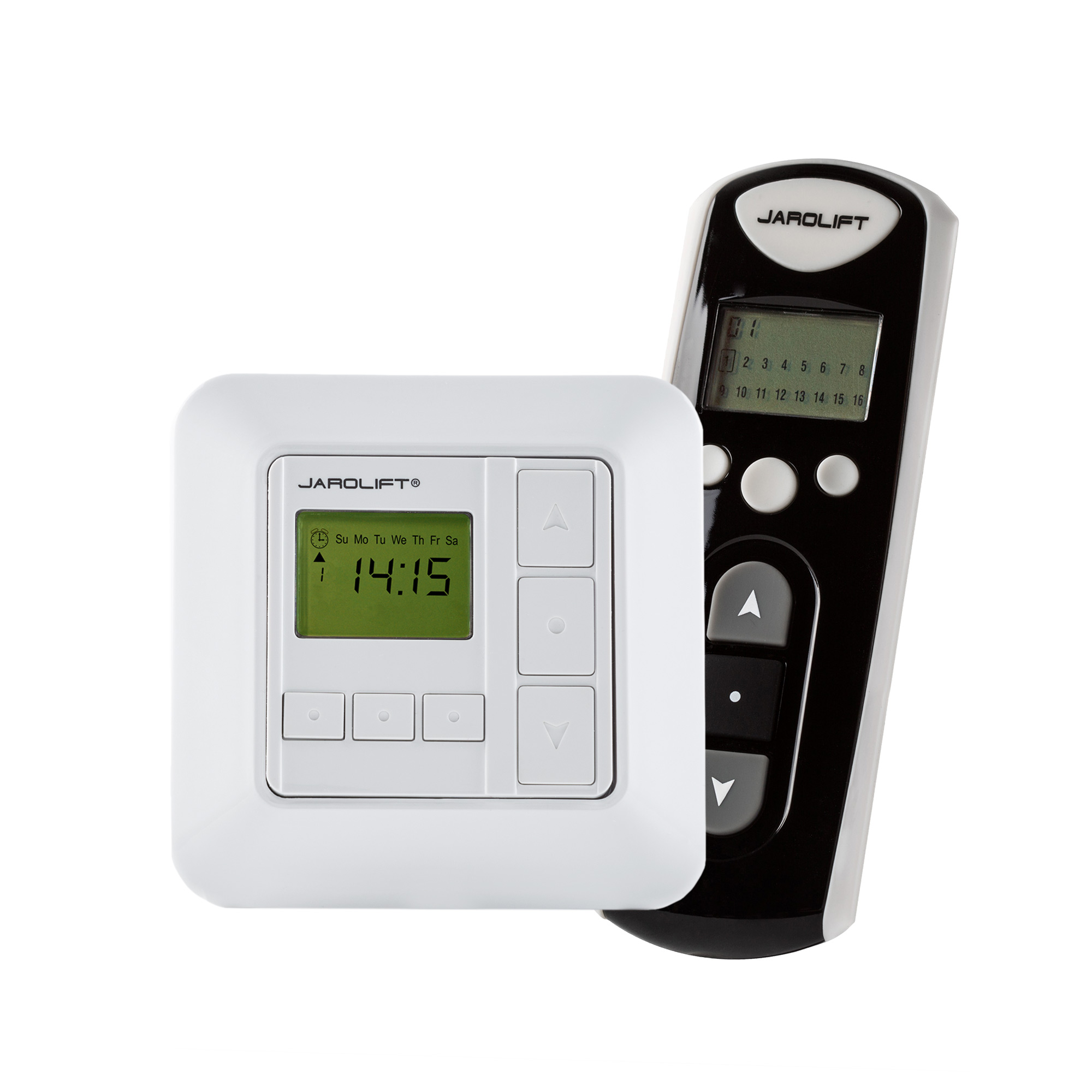 Timer con display e tasti, accanto un telecomando con tasti freccia