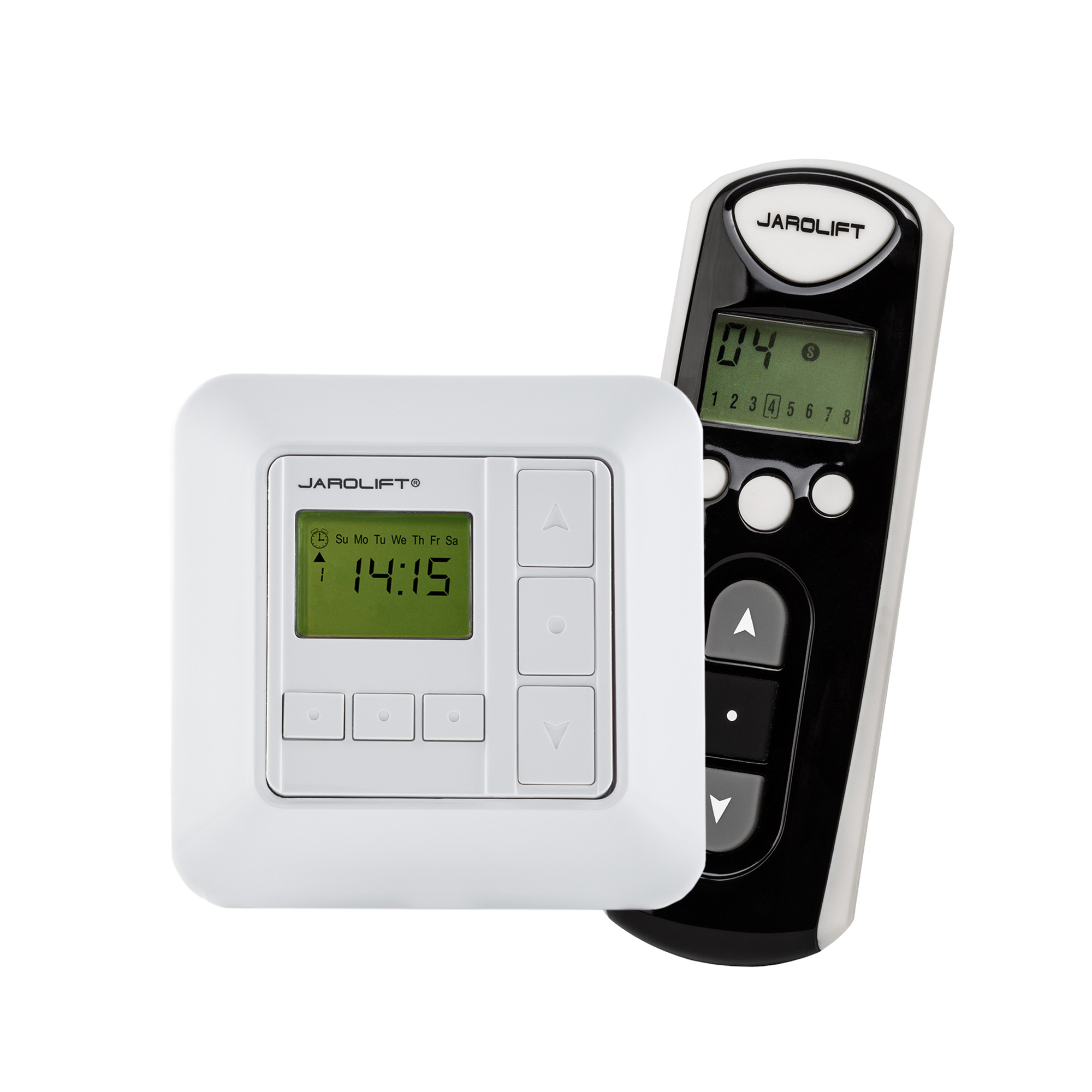 Timer con display e tasti, accanto un telecomando con tasti freccia