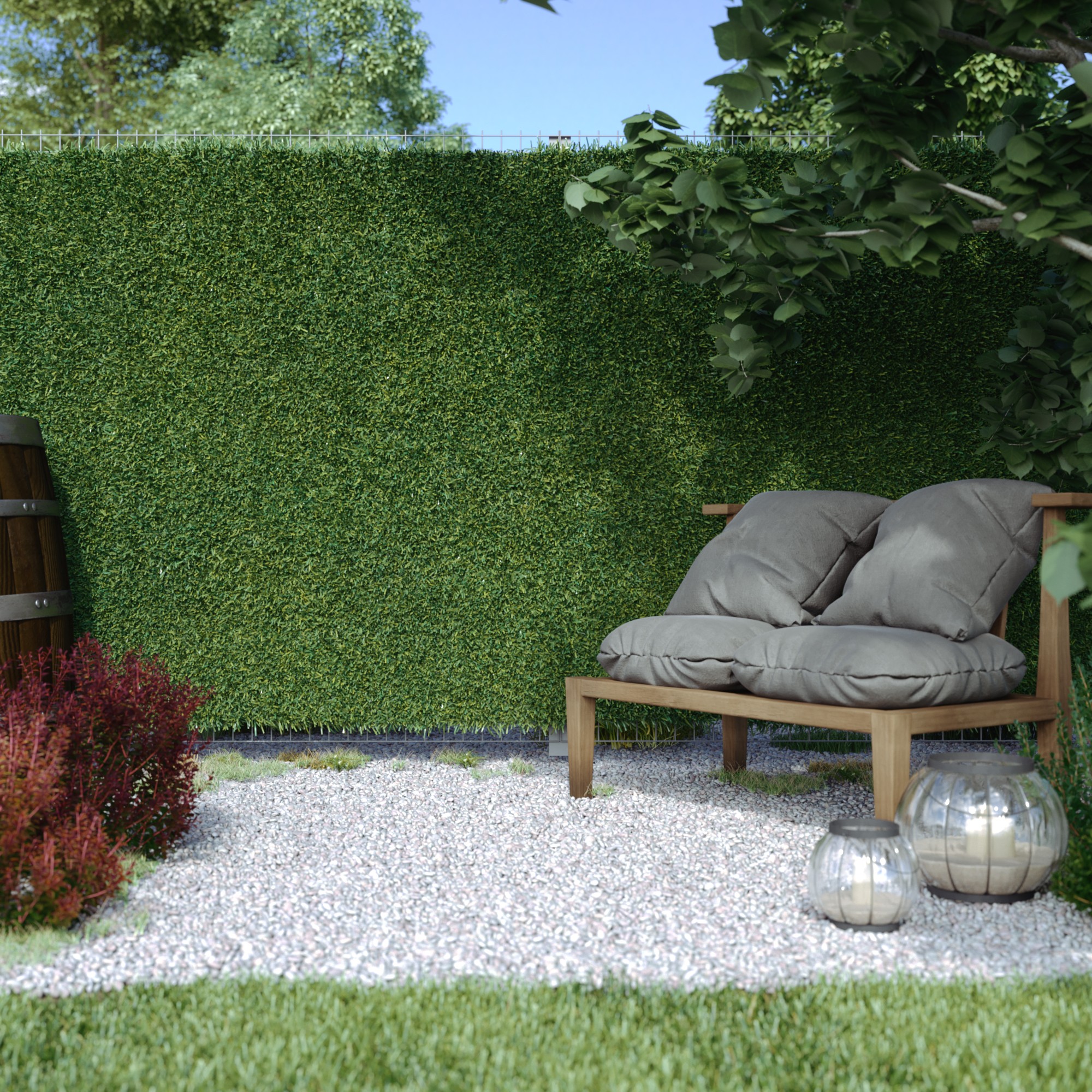 Siepe artificiale come protezione nel giardino con panchina e decorazione