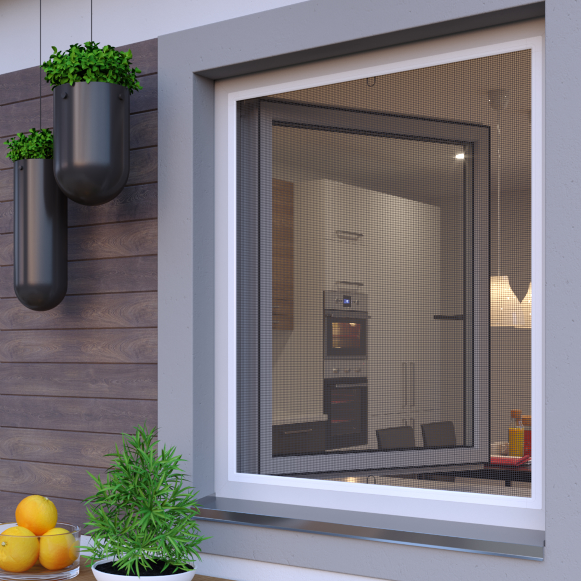 Telaio di protezione per insetti SlimLine montato su una finestra, vista all'interno di una stanza