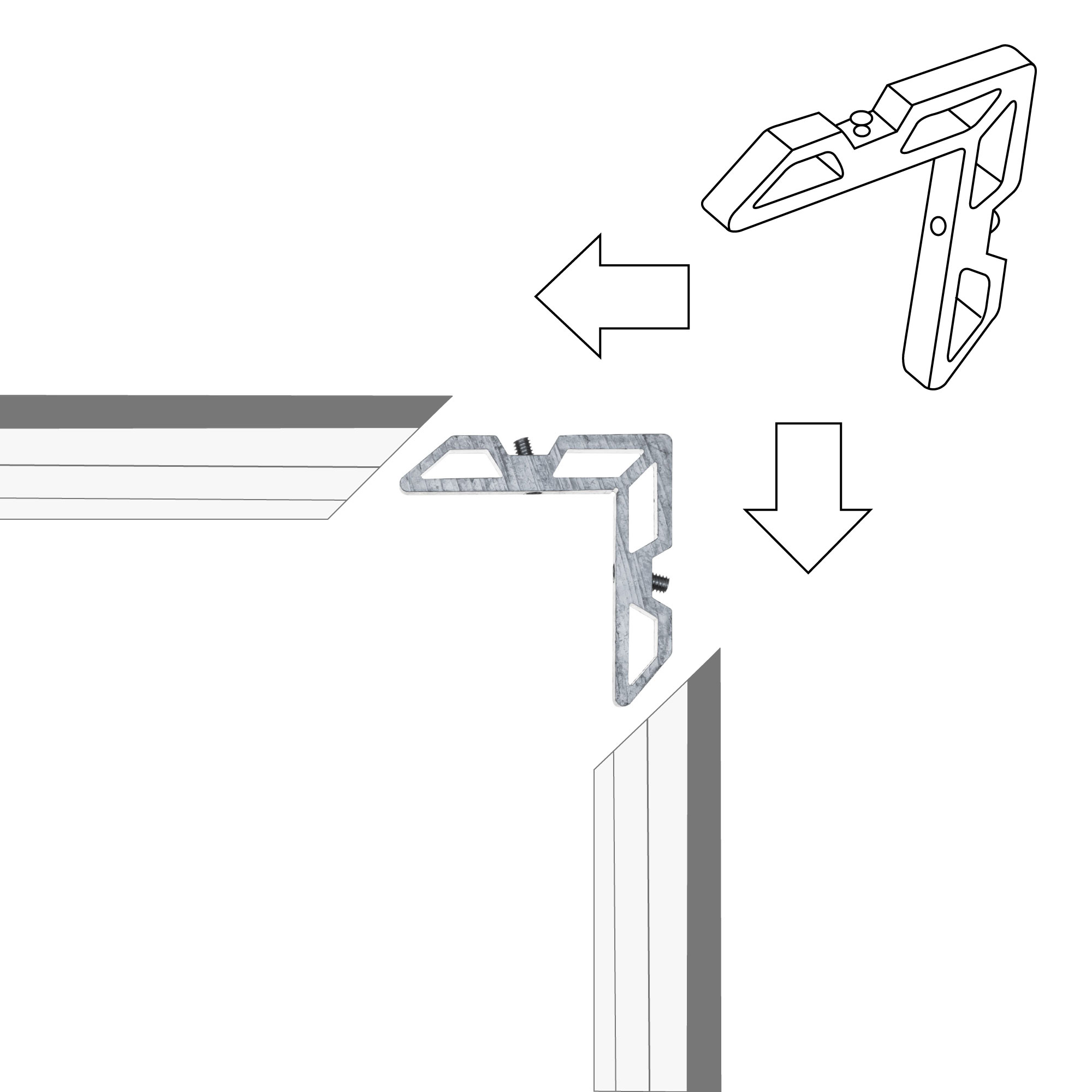 Giunto angolare in alluminio per telai di protezione contro gli insetti, mostrato nelle istruzioni di montaggio