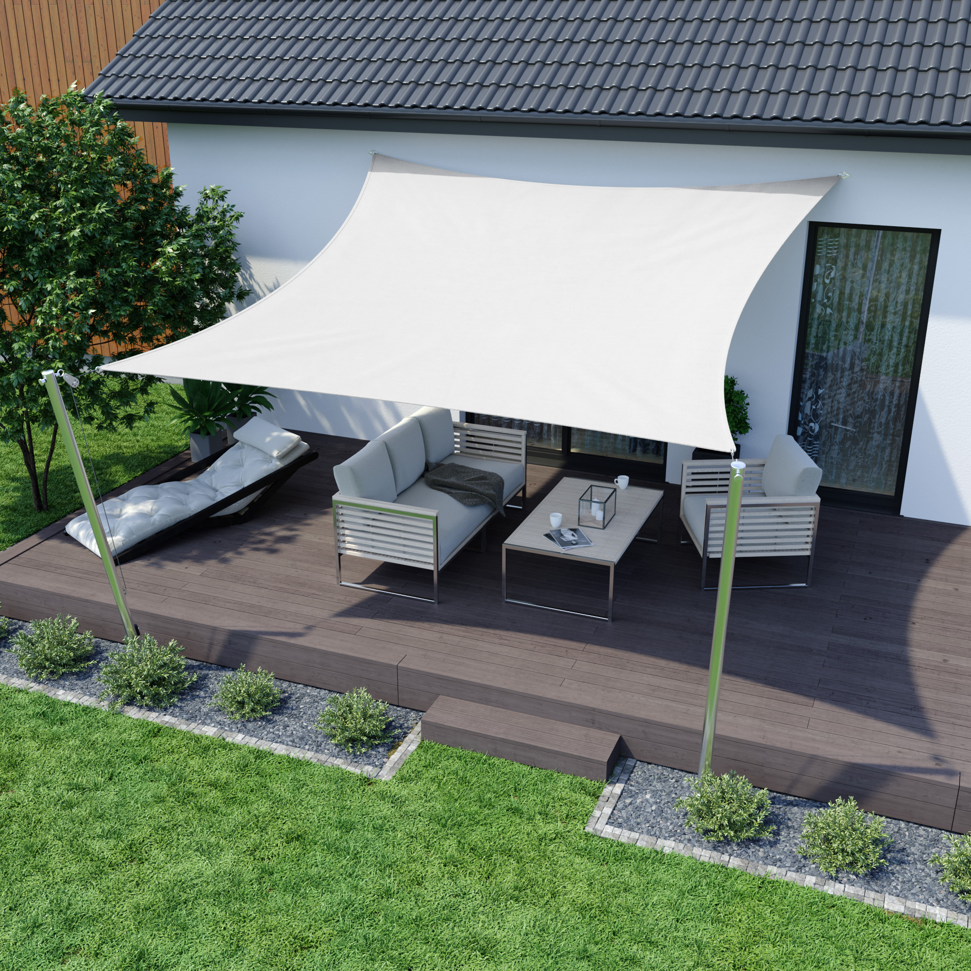 Tenda da sole sopra la terrazza con gruppo di sedute, offre ombra e protezione, materiale traspirante