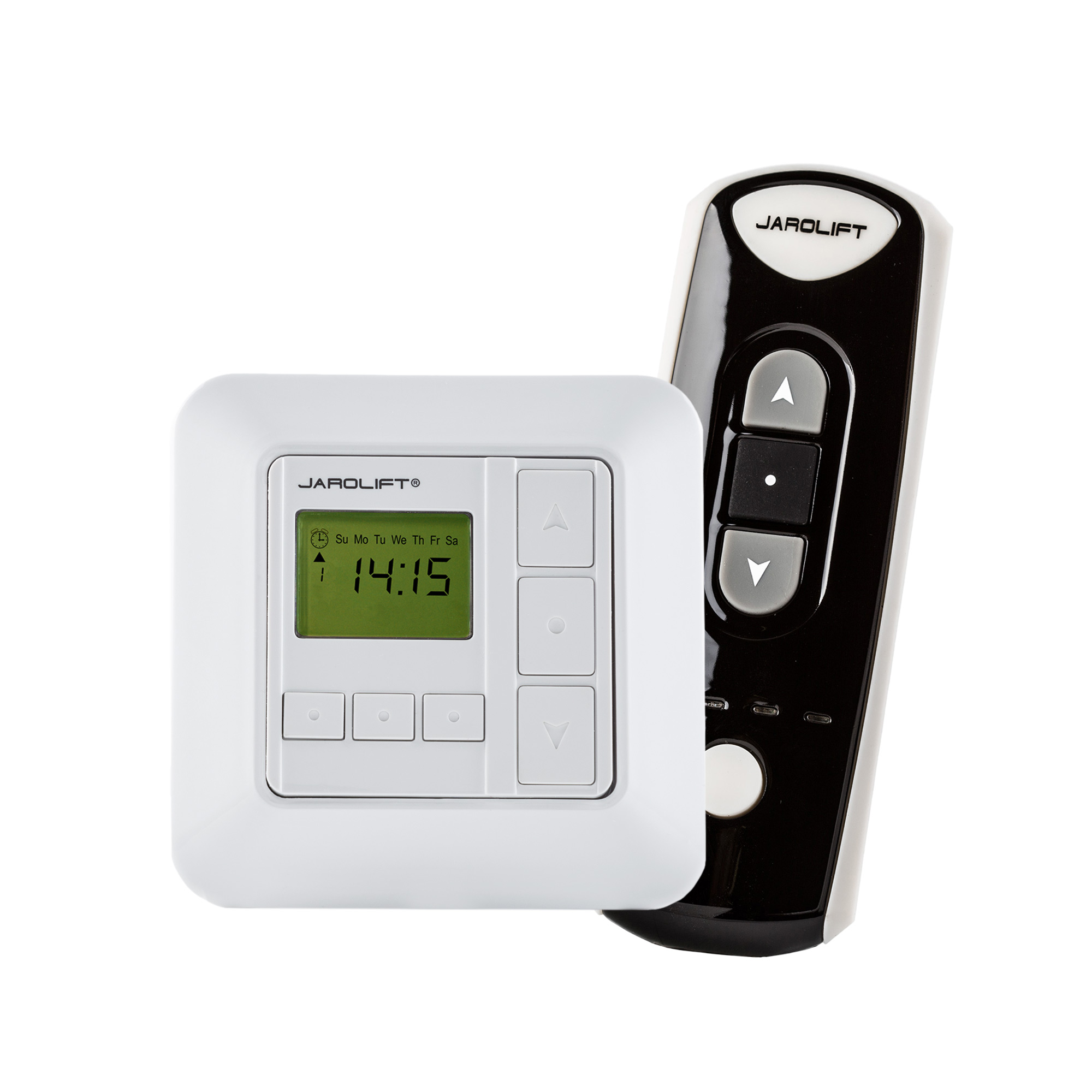 Timer con display e tasti, accanto un telecomando con tasti freccia