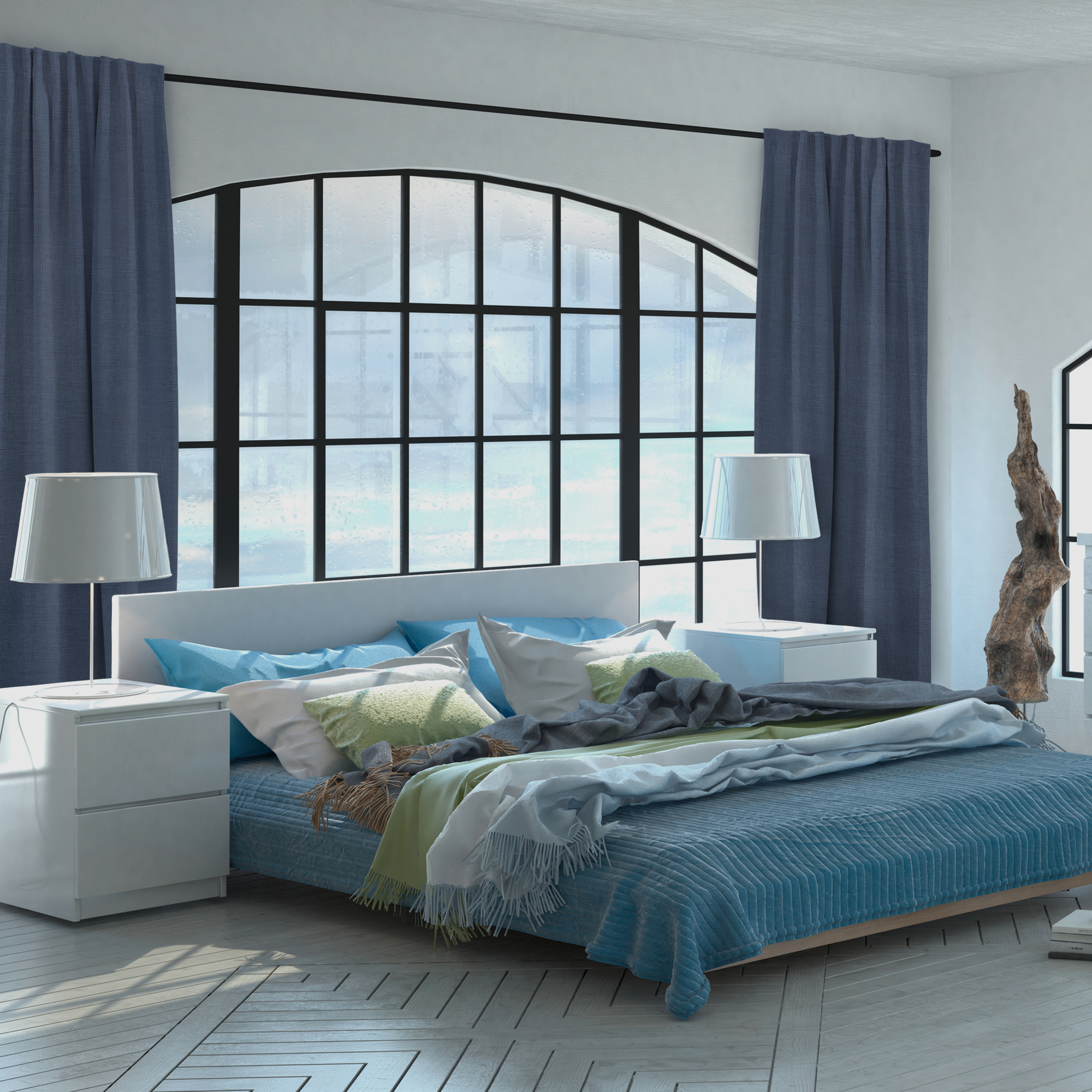 Tenda termica con nastro combinato a finestra in una camera da letto moderna con letto e comodini
