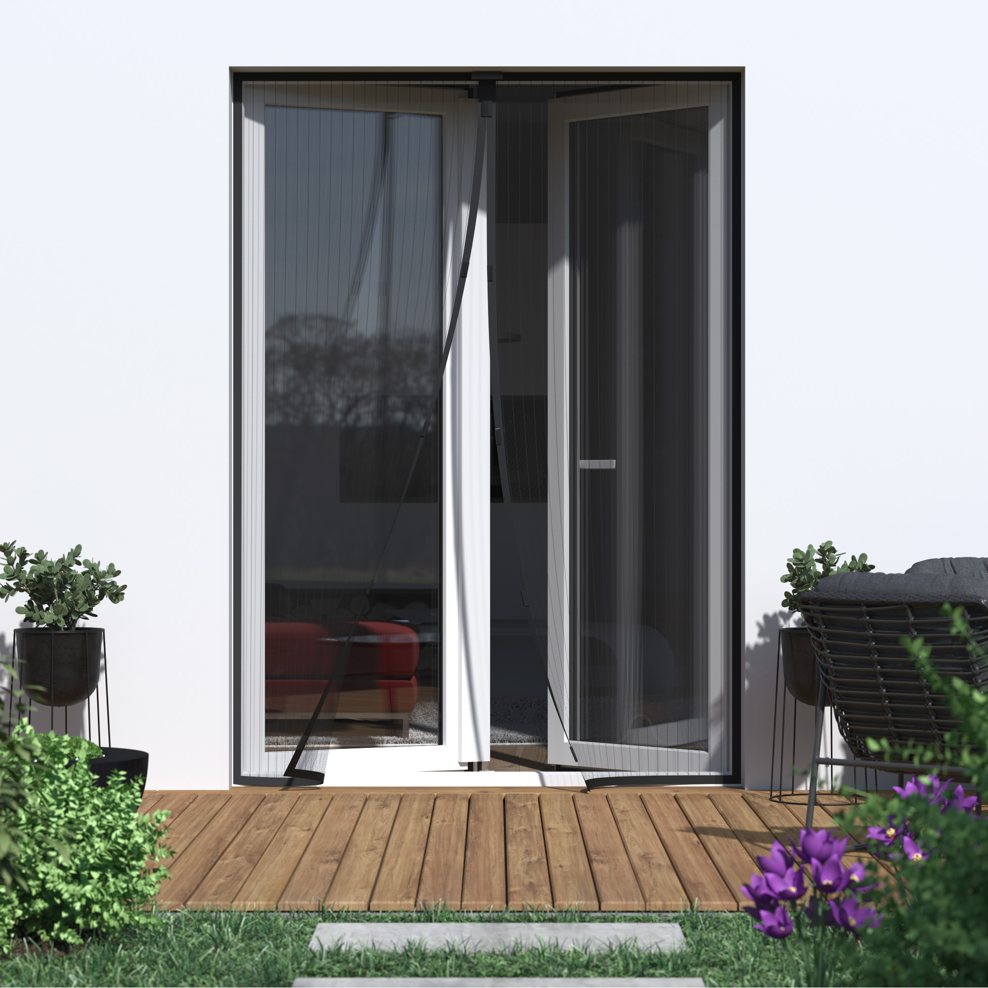 Tenda a rete magnetica su una porta, consente un passaggio facile e protezione dagli insetti