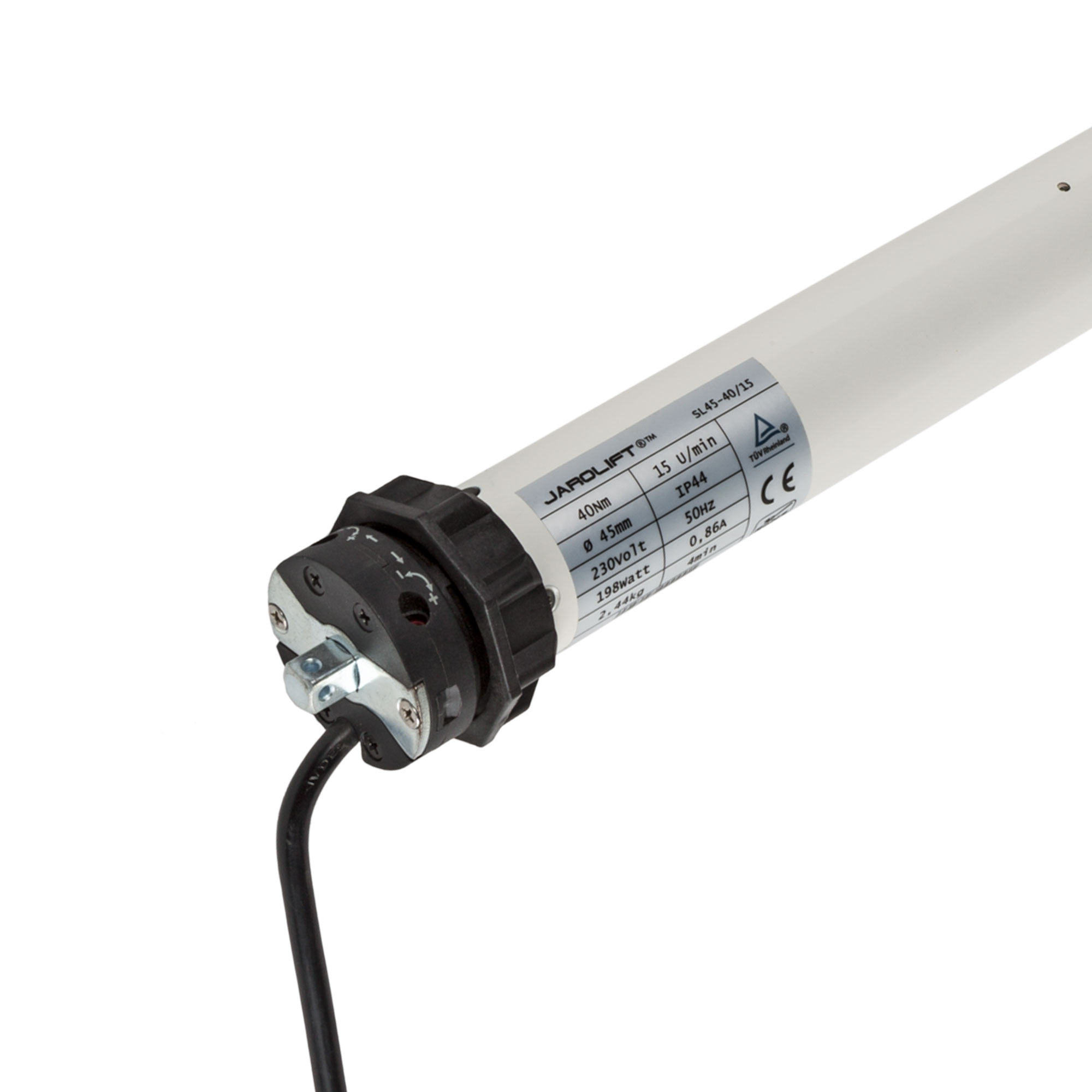 Motore per tapparelle con cavo e etichetta per specifiche tecniche