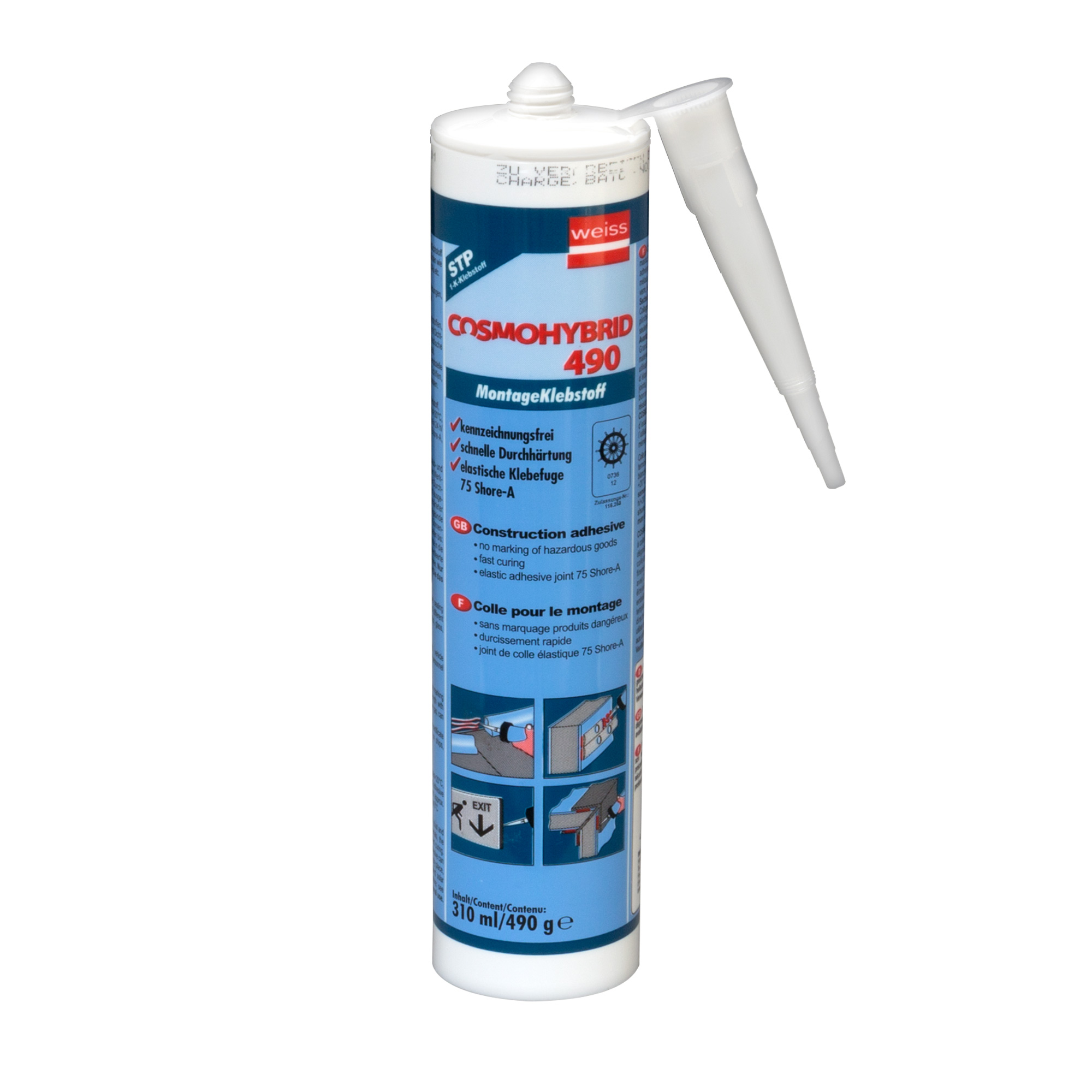 Cartuccia con adesivo da montaggio COSMOHYBRID 490 1-K-STP, 310 ml, con beccuccio applicatore