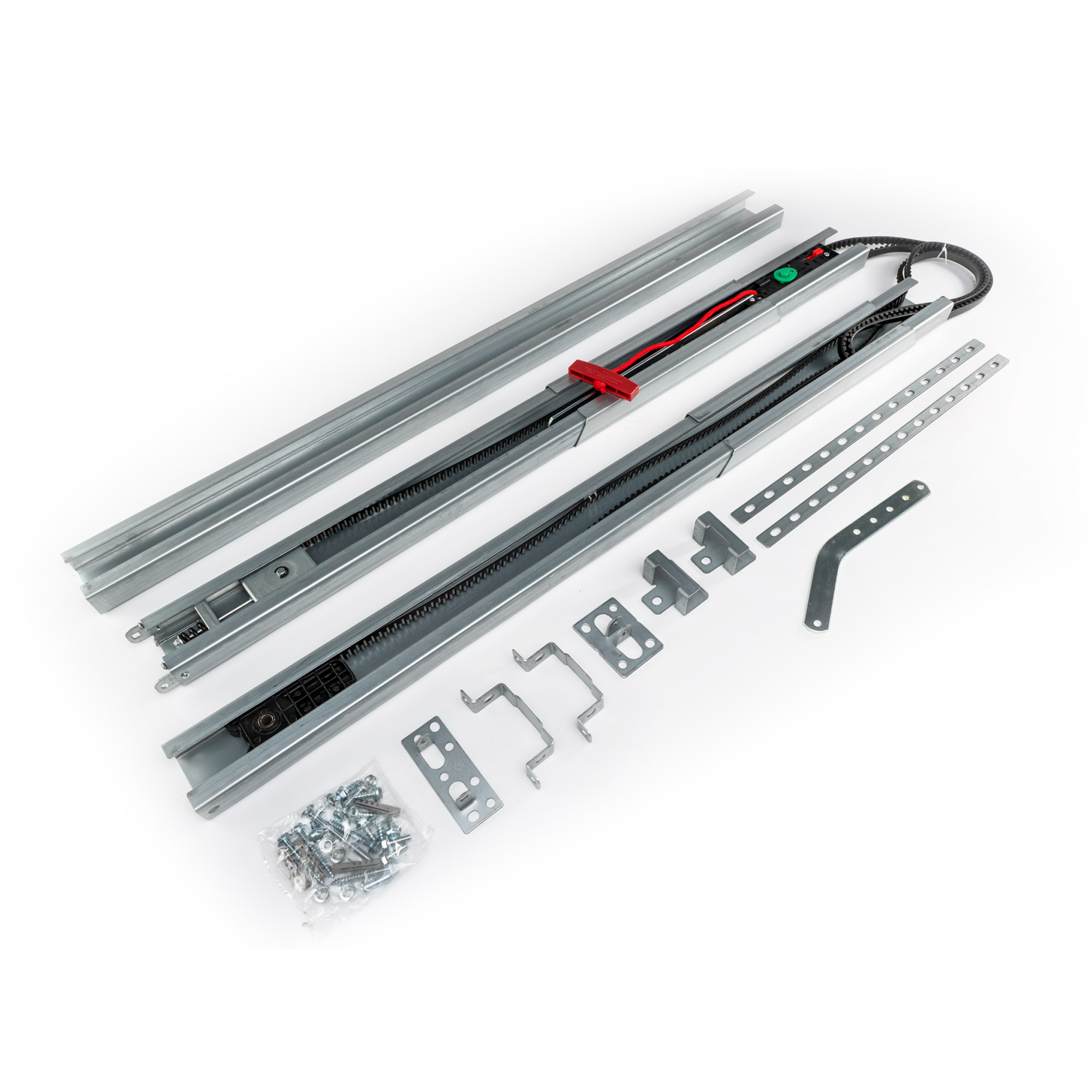 Set di montaggio con guide, cremagliere, supporti e viti per installazione di porte o cancelli