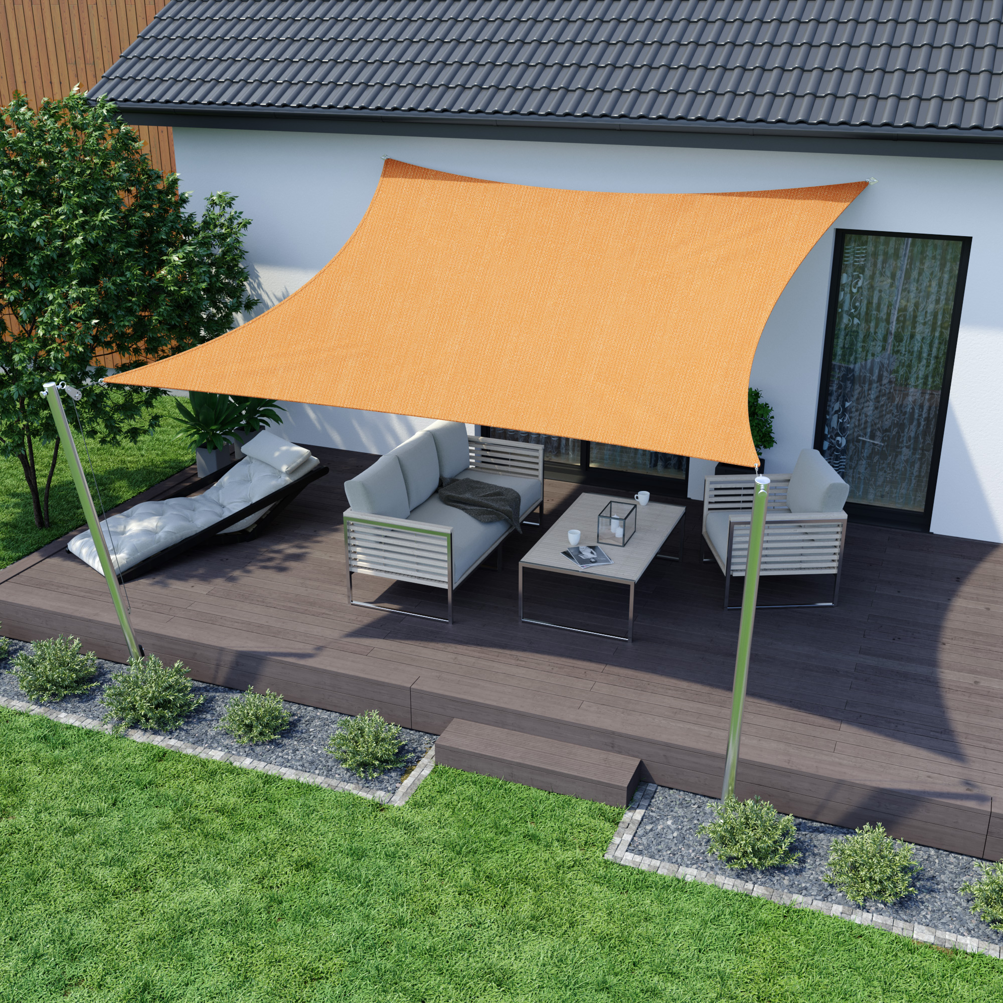 Tenda da sole sopra la terrazza con gruppo di sedute, offre ombra e protezione, materiale traspirante
