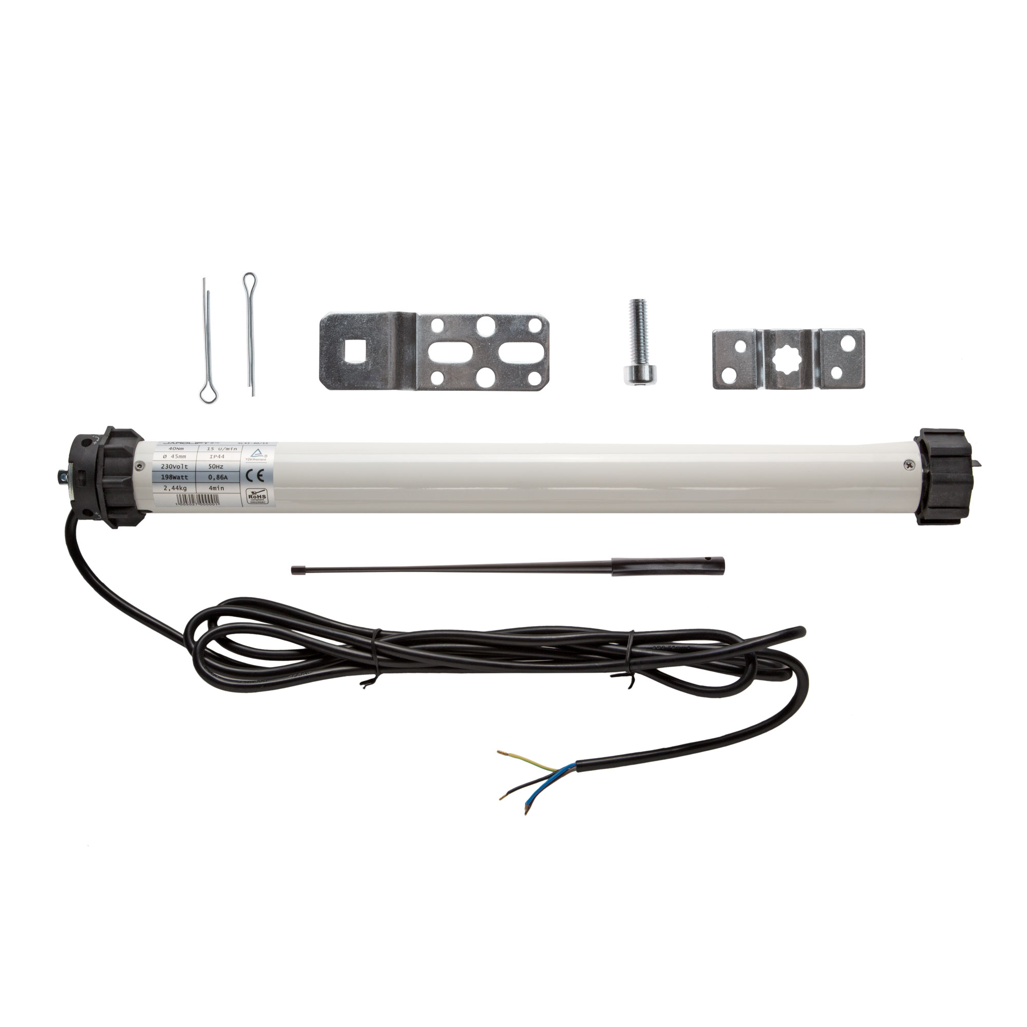 Motore per tapparelle con accessori e cavo per montaggio e collegamento