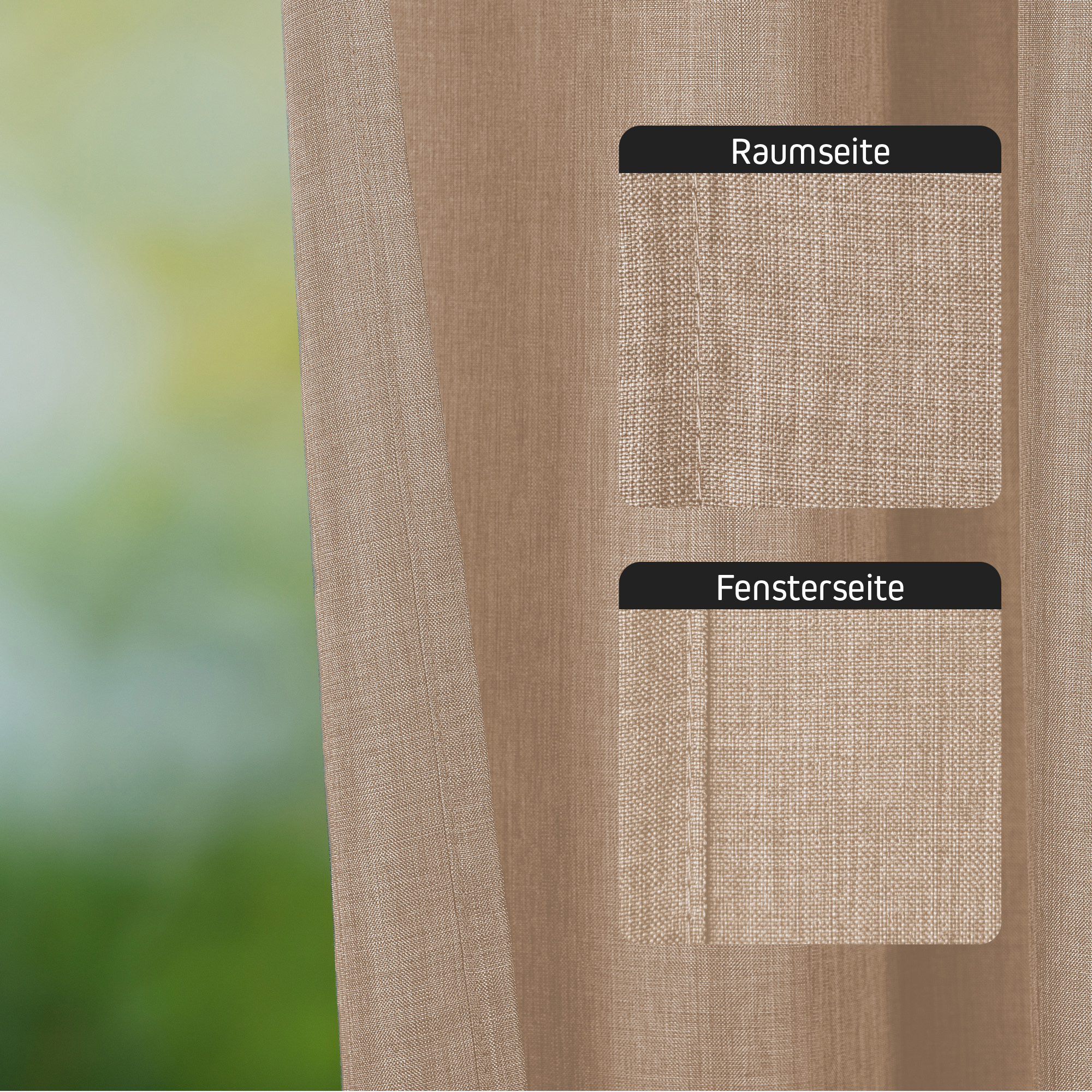 Tenda con nastro combinato e struttura in lino, vista dettagliata del lato della stanza e della finestra