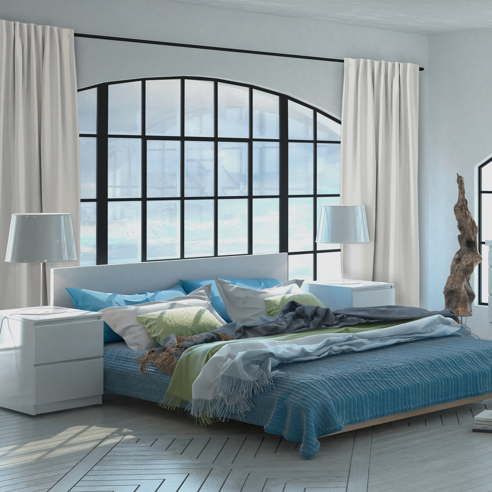 Tenda termica con nastro combinato alla finestra in un moderno interno di camera da letto