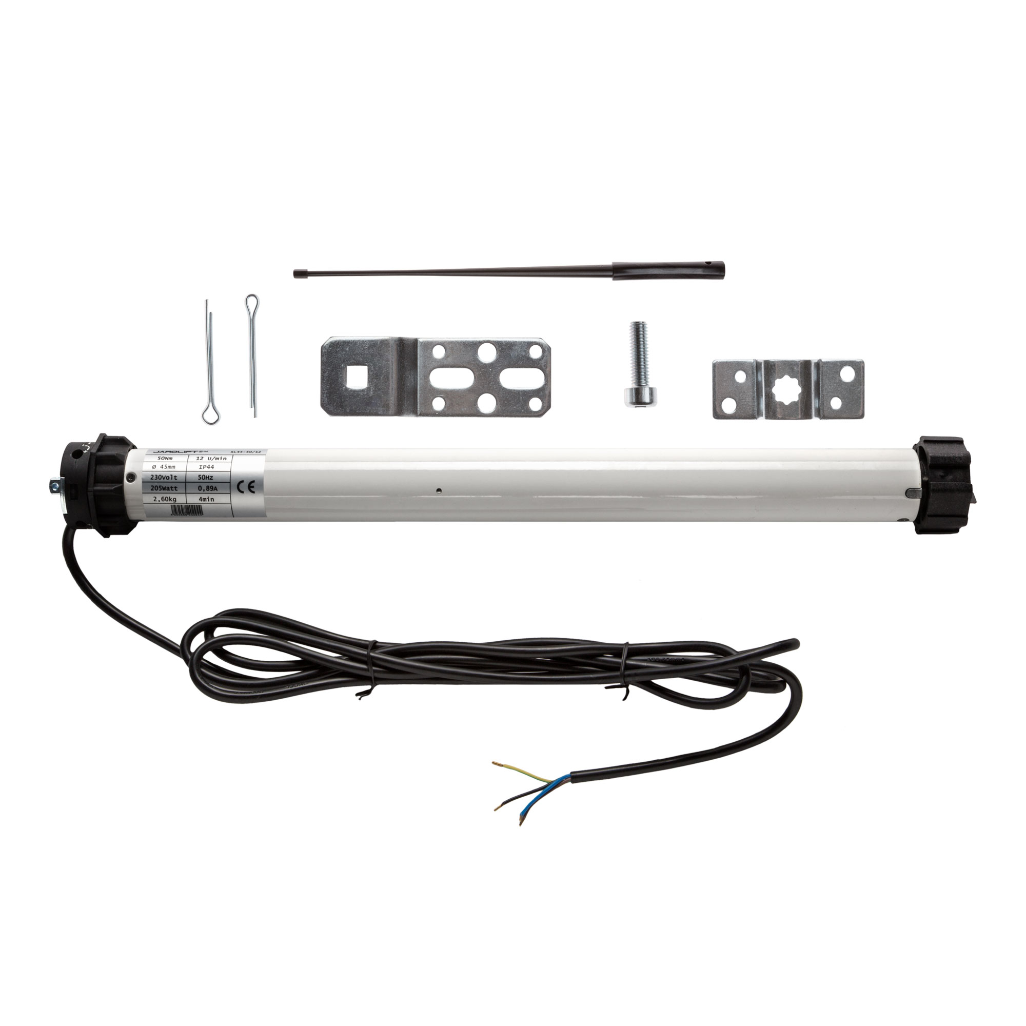 Motore per tapparelle con accessori e cavo per montaggio e collegamento