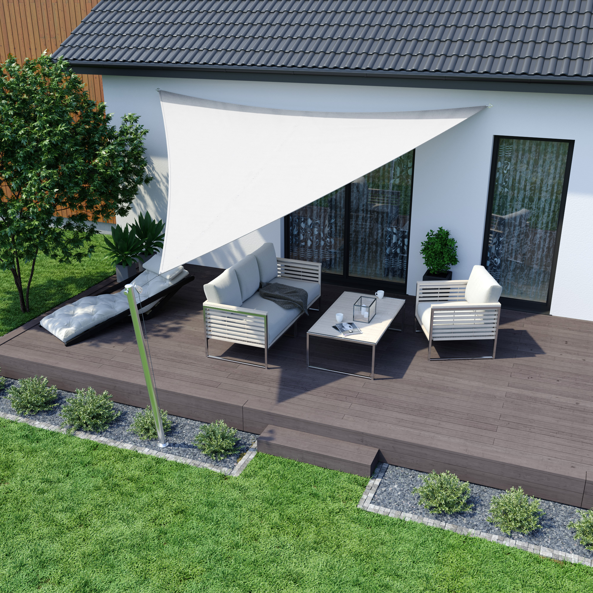 Tenda da sole sopra la terrazza con gruppo di sedute, offre ombra e protezione, materiale traspirante