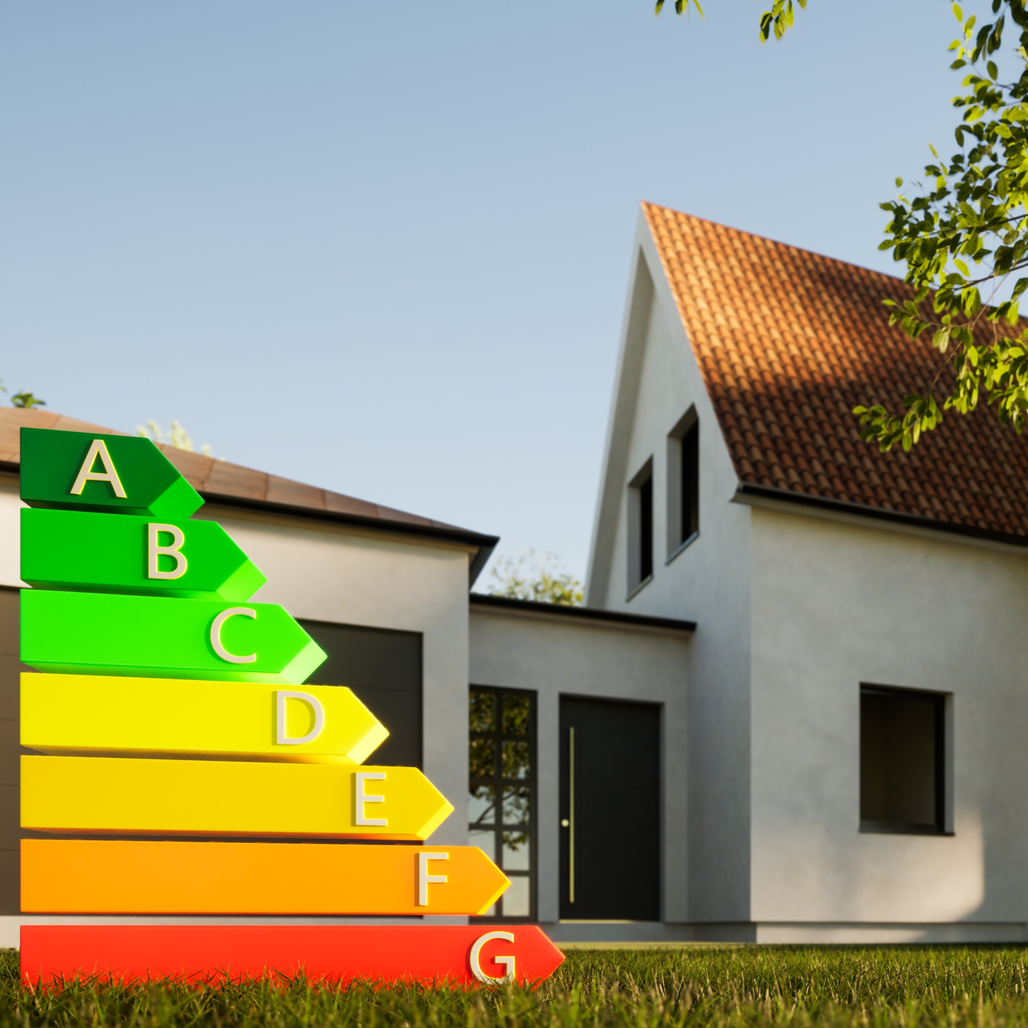 Una casa moderna con scala di efficienza energetica da A a G in primo piano