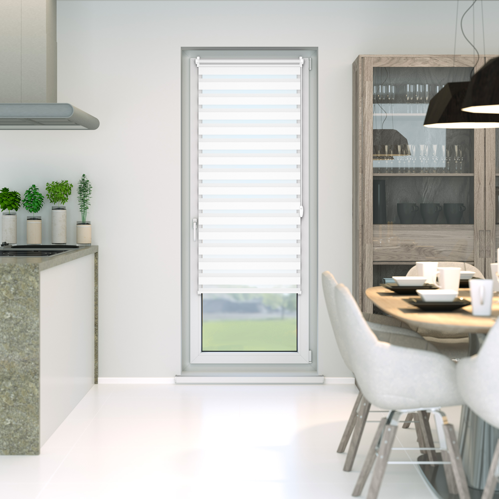 Finestra con tenda a rullo Zevra, semitrasparente, in un ambiente di sala da pranzo moderno