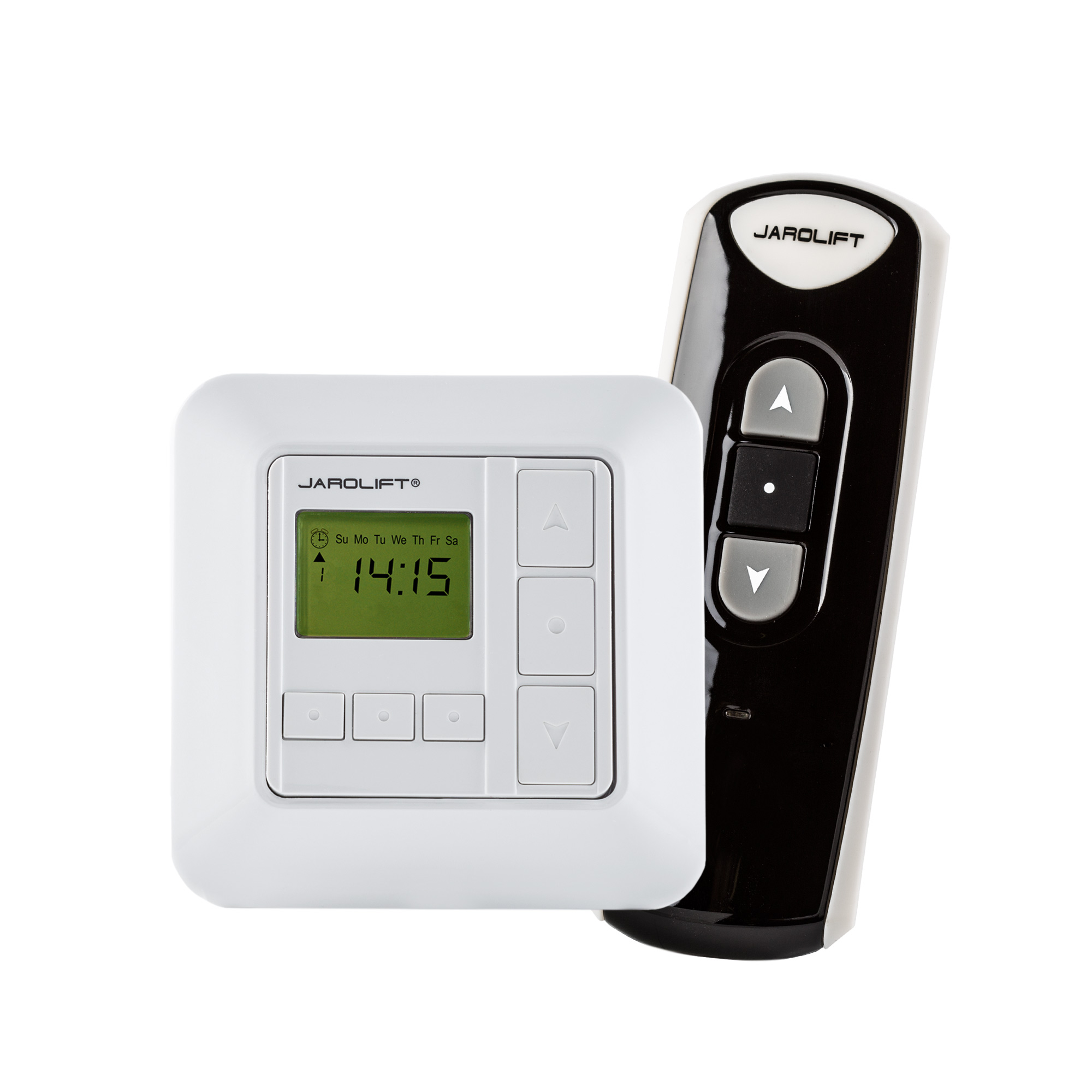 Timer con display e tasti, accanto un telecomando con tasti freccia