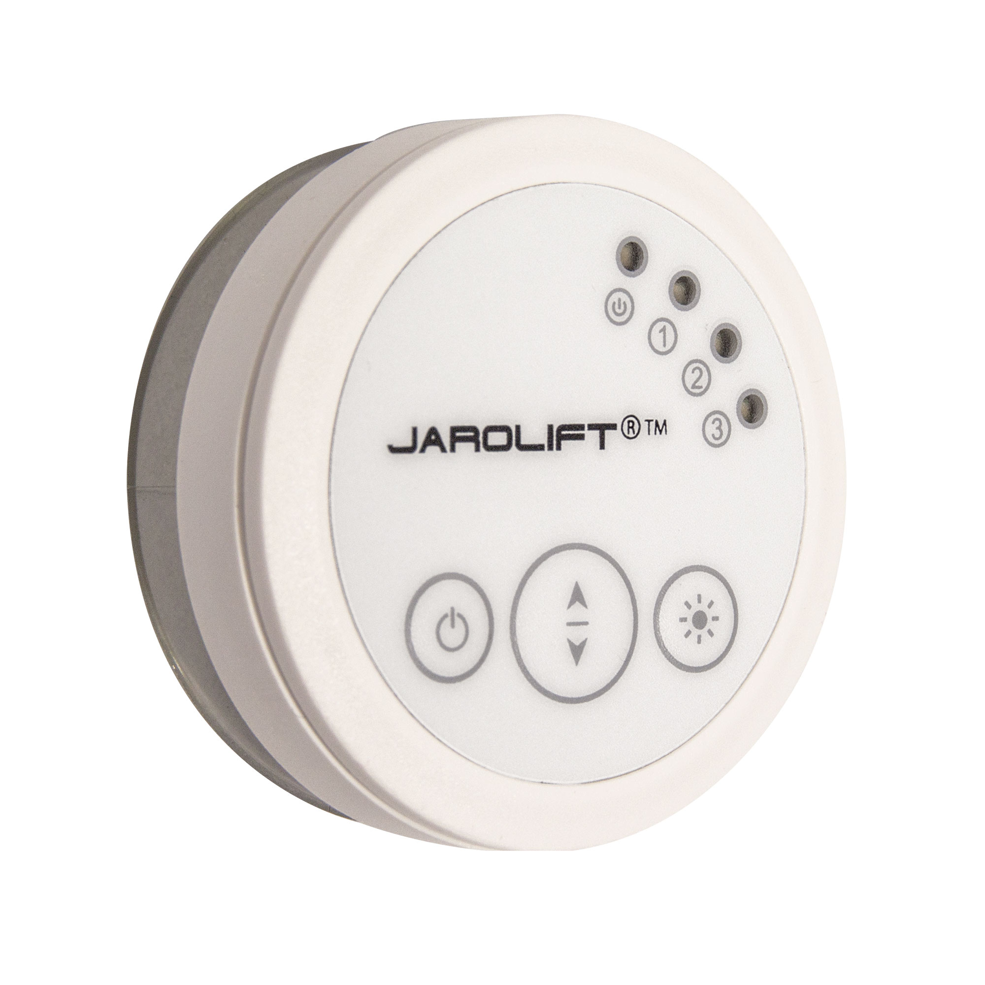 Sensore di luce wireless rotondo con pulsanti e indicatori LED per il controllo di sistemi di protezione solare