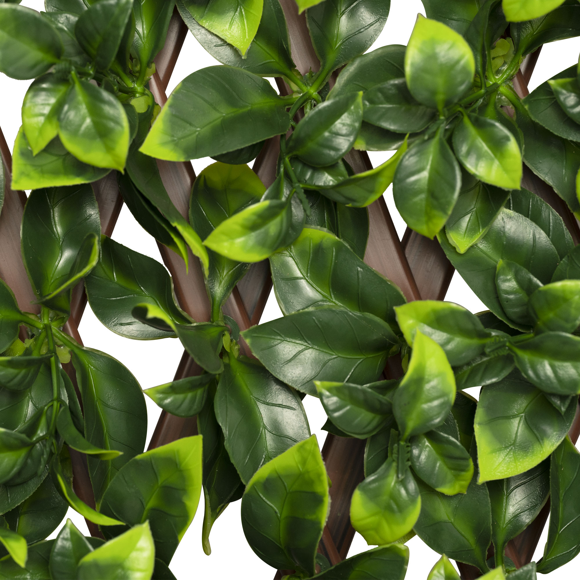 Parete di piante artificiali con foglie e fiori su struttura a griglia