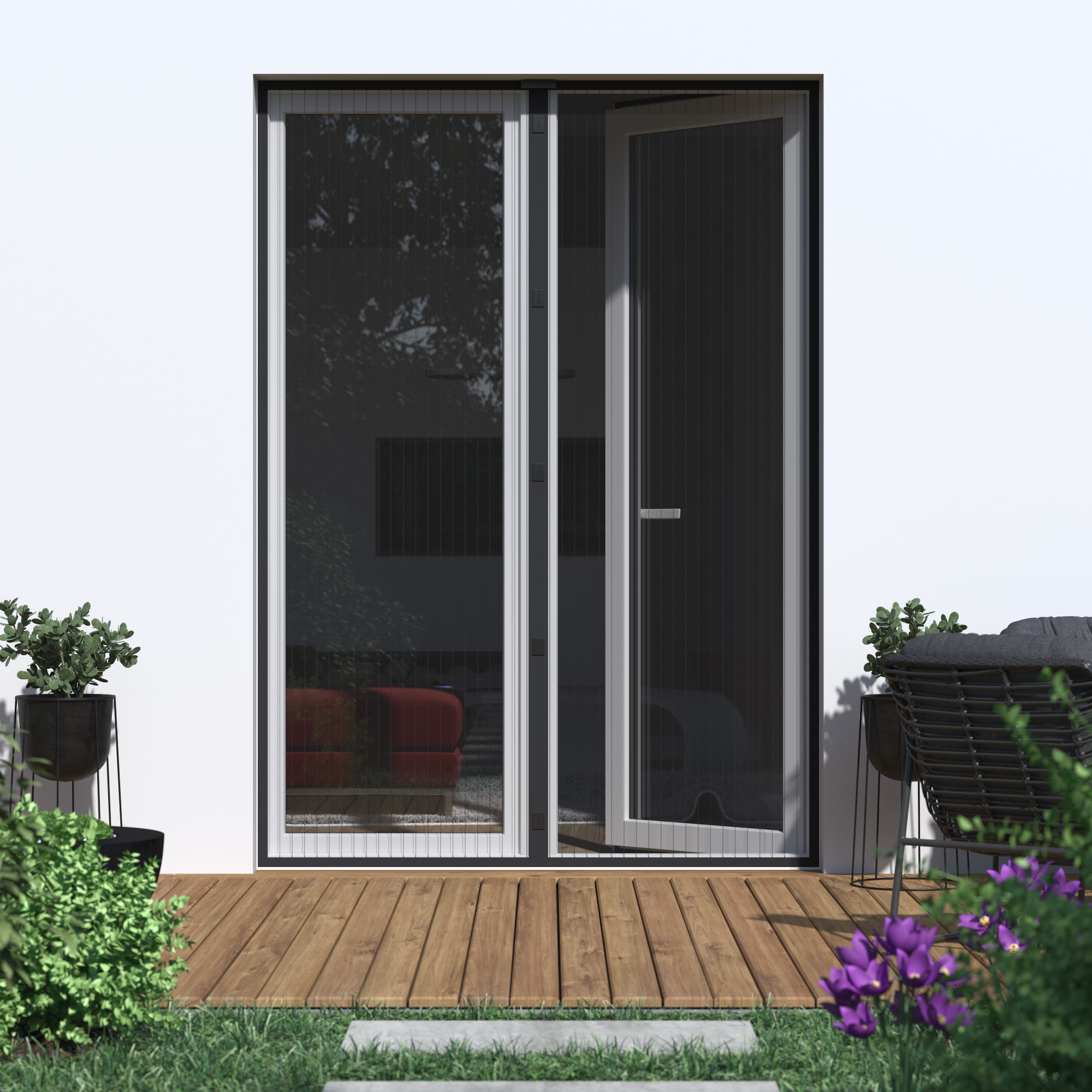 Tenda a rete magnetica su una porta, consente un accesso facile e protezione dagli insetti