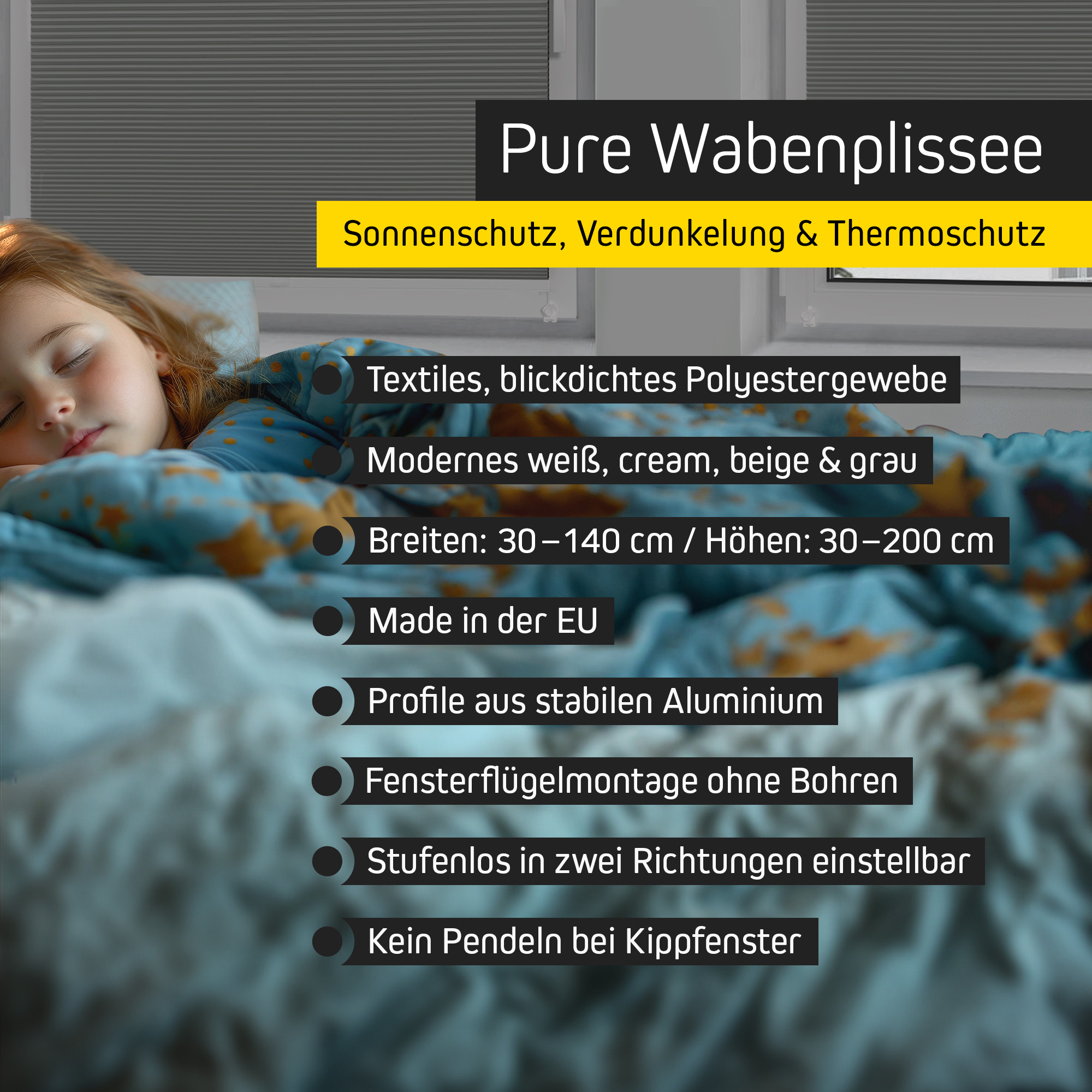 Plissé a nido d'ape alla finestra per protezione solare e oscuramento, bambino che dorme in primo piano
