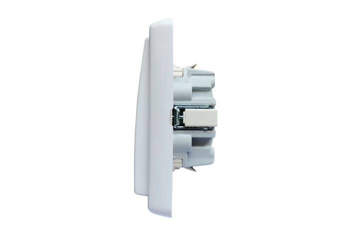 Retro di un interruttore a bilanciere con punti di fissaggio e connessioni elettriche