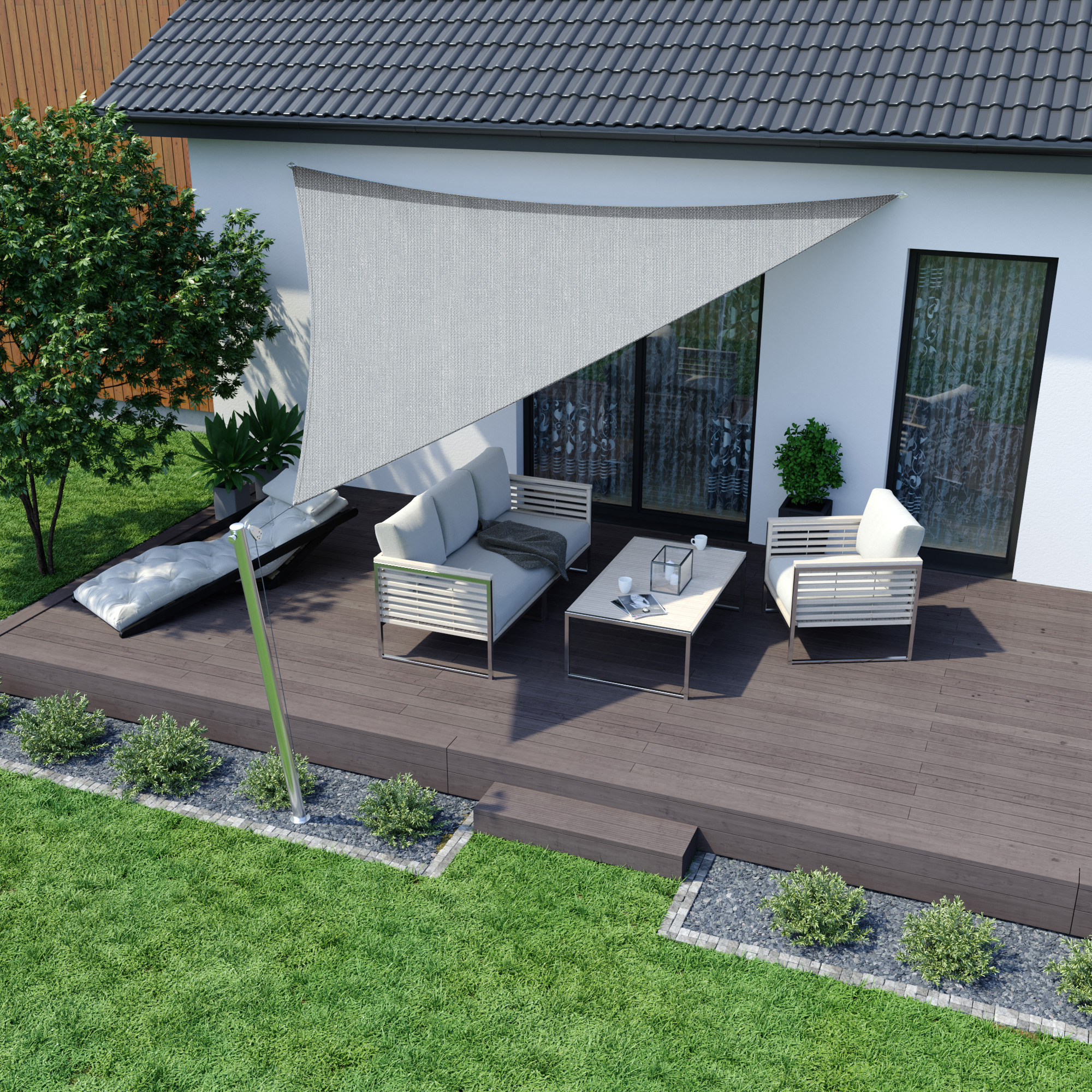 Tenda da sole sopra la terrazza con gruppo di sedute, offre ombra e protezione, materiale traspirante