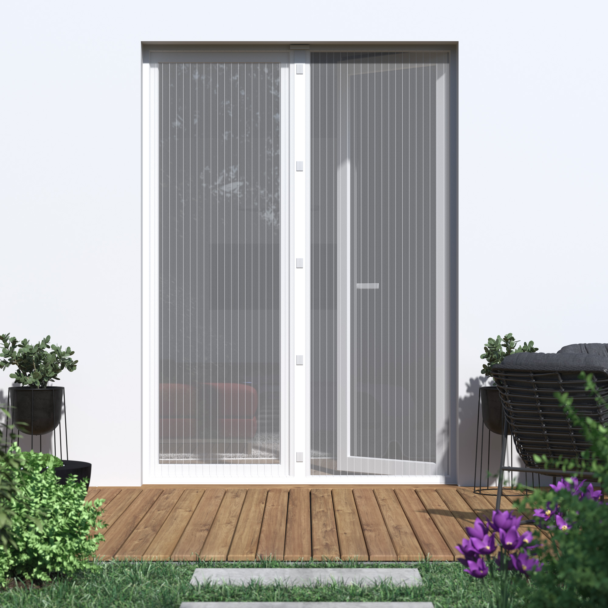 Tenda a rete magnetica su una porta, consente un accesso facile e protezione dagli insetti