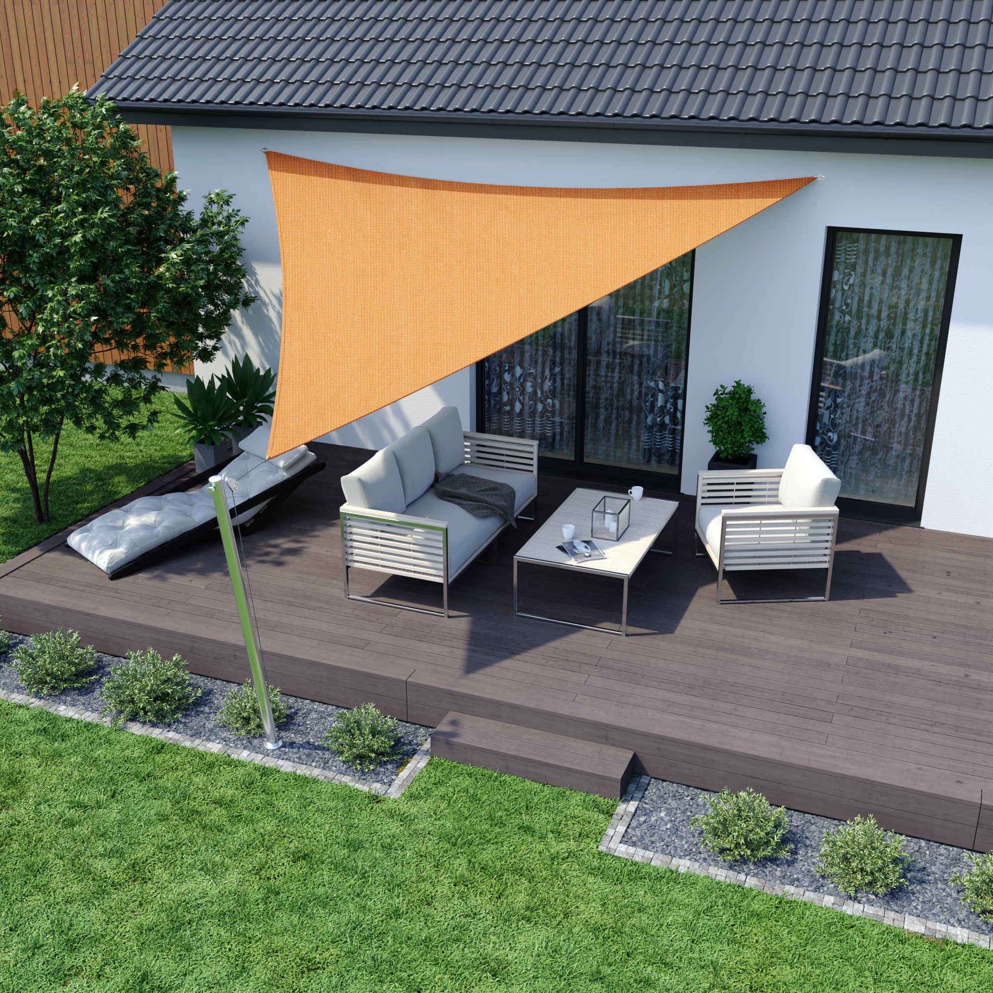 Tenda da sole sopra la terrazza con gruppo di sedute, offre ombra e protezione, materiale traspirante