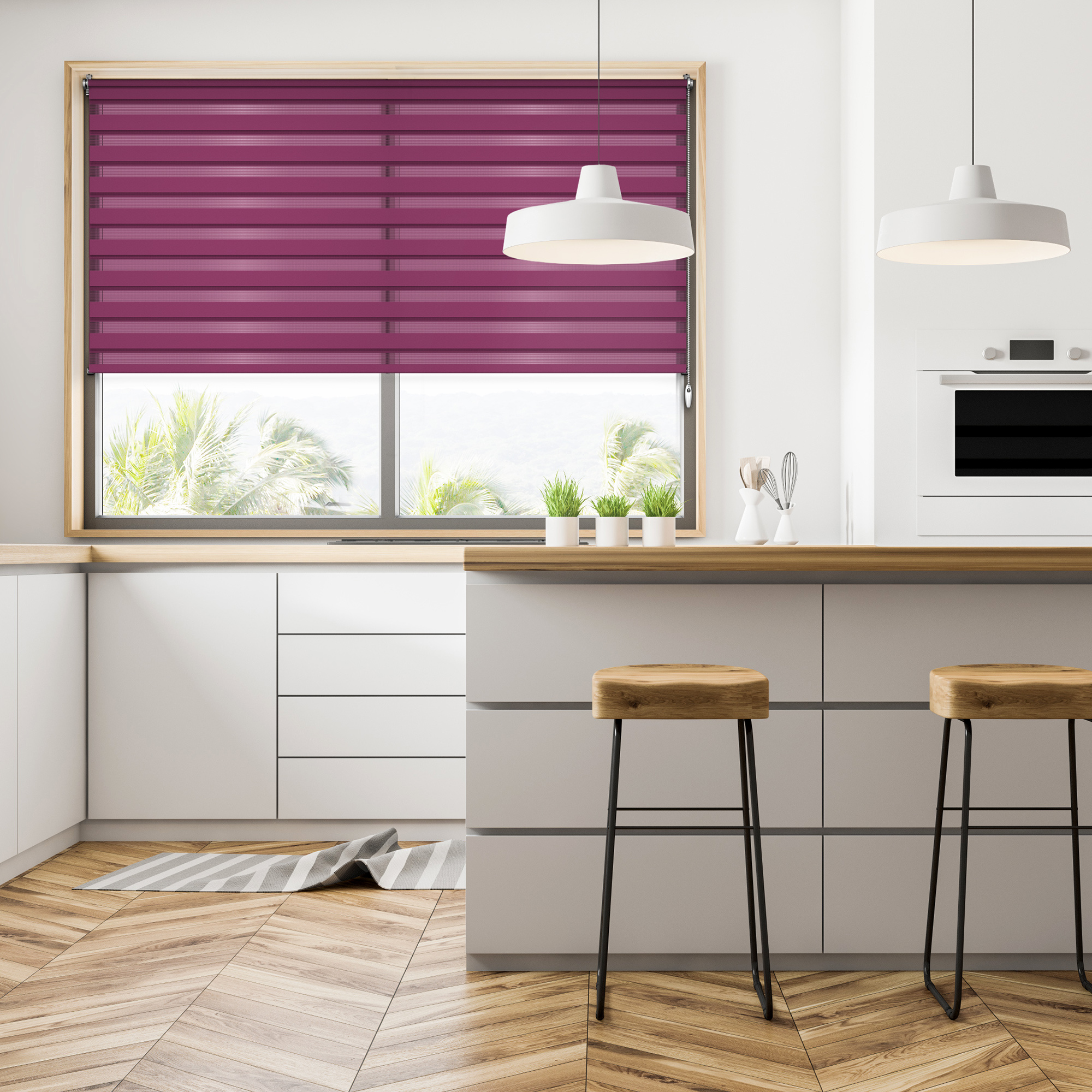 Cucina con doppio rullo alla finestra, arredamento moderno con sgabelli e lampade a sospensione