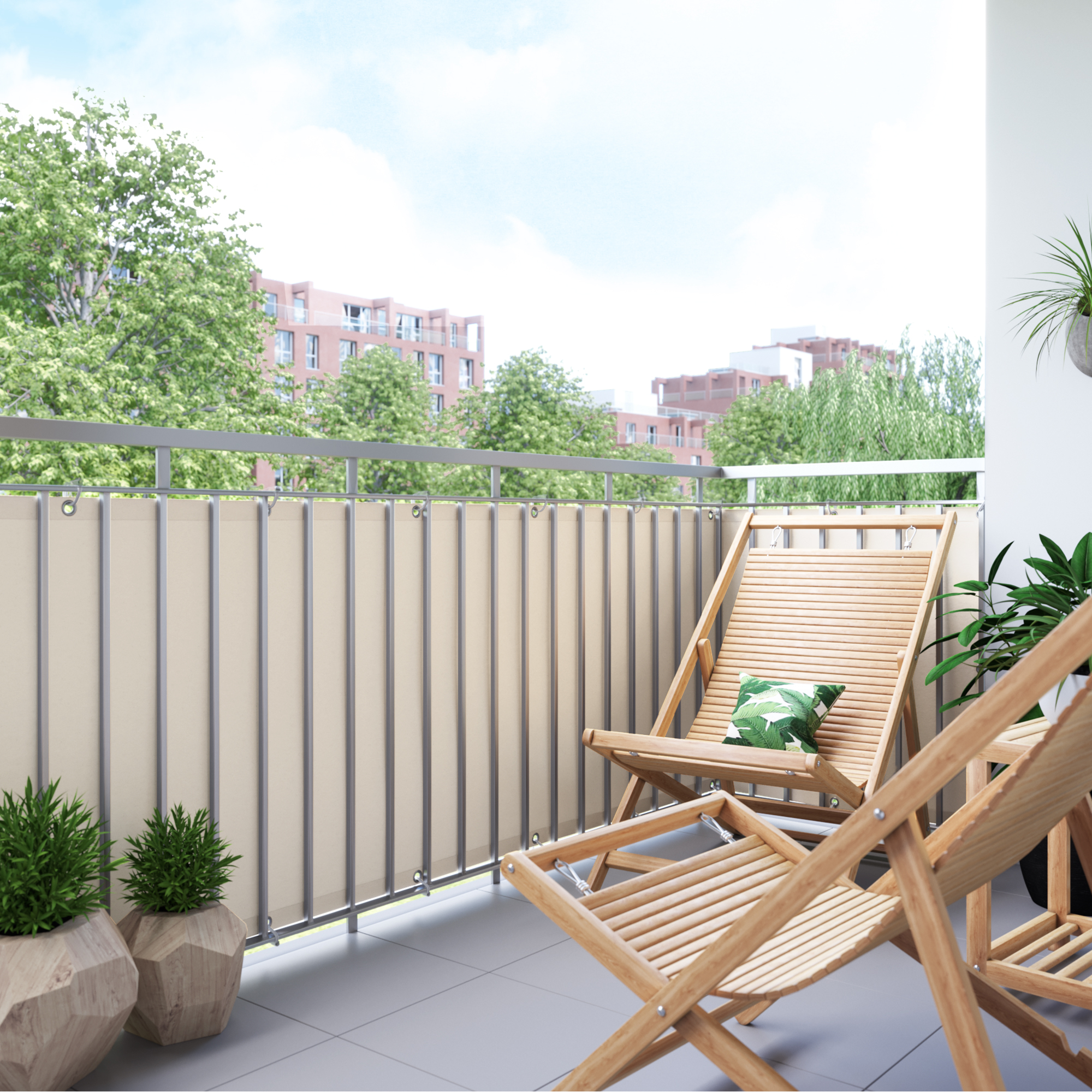 Rivestimento del balcone in poliestere, impermeabile, fissato al parapetto, con lettini e piante