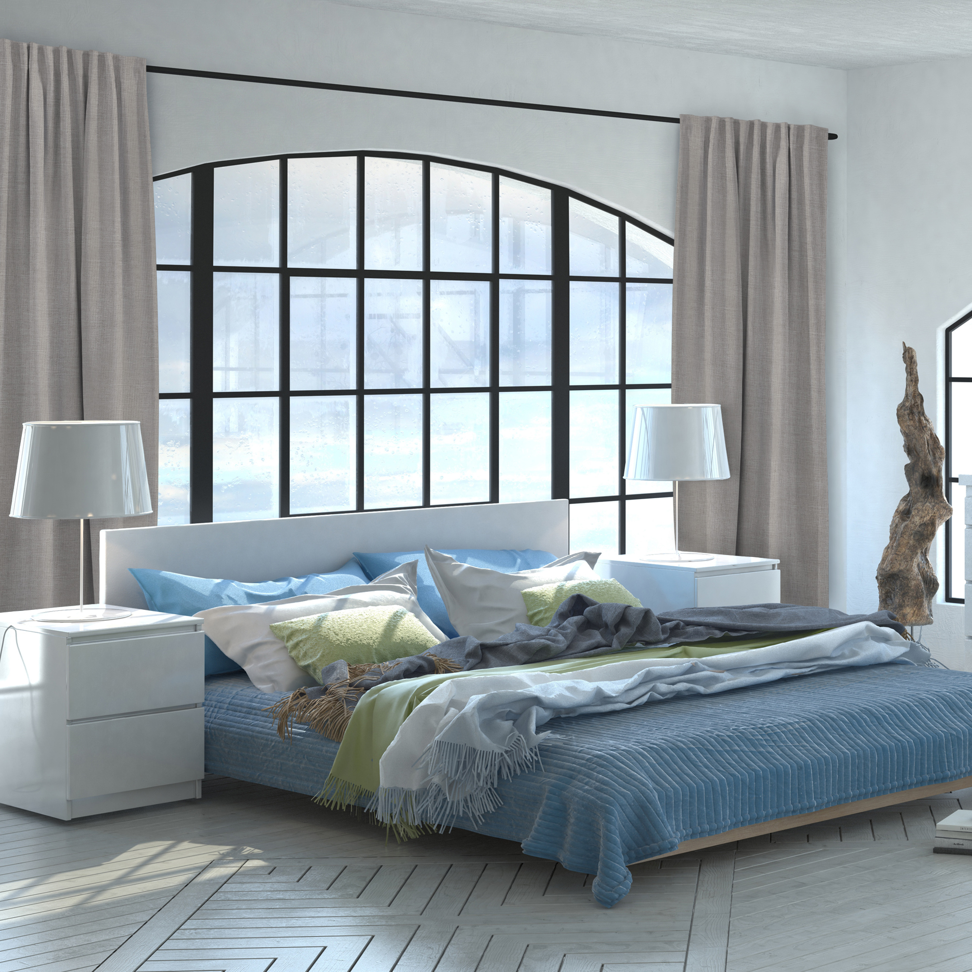 Tenda termica con nastro combinato a finestra in una camera da letto moderna, letto e comodini visibili
