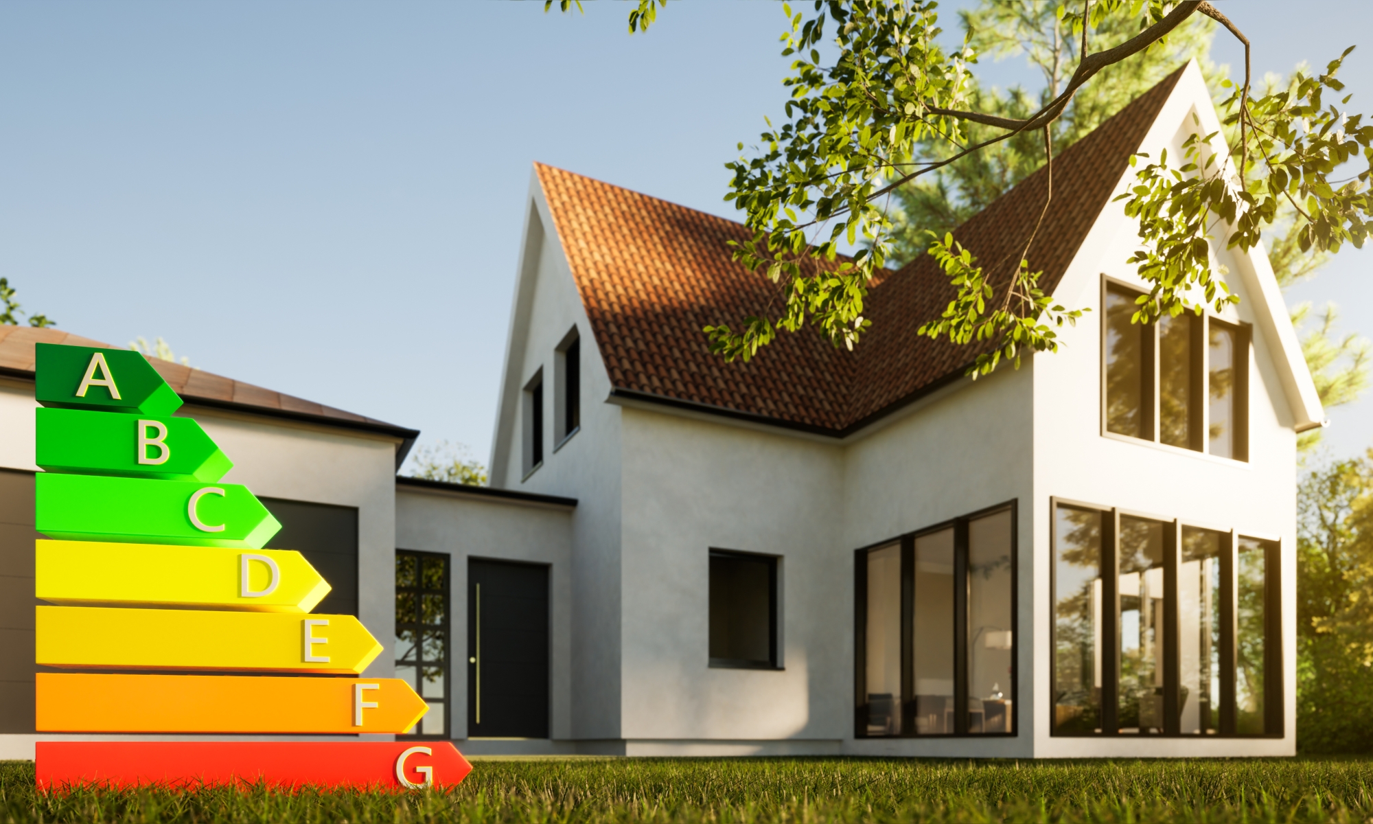 Una casa moderna con scala di efficienza energetica da A a G in primo piano