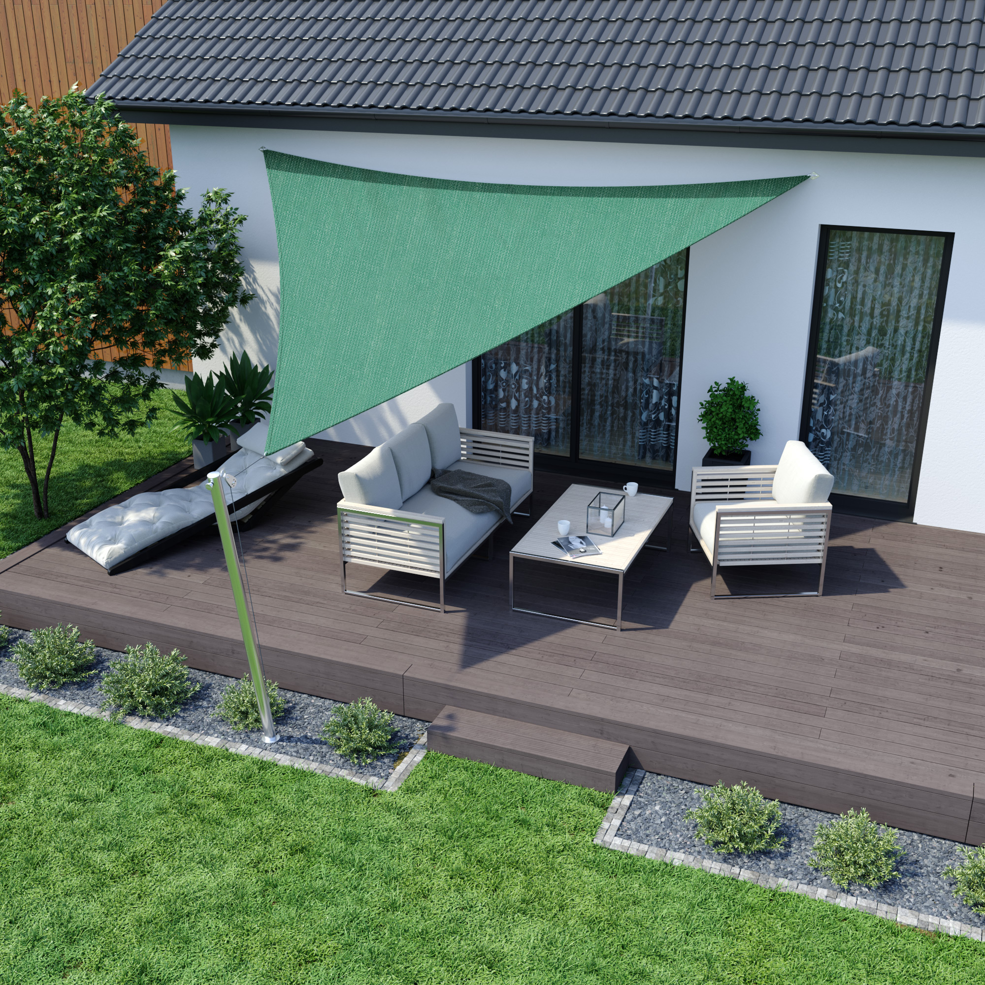 Tenda da sole sopra la terrazza con gruppo di sedute, offre ombra e protezione, materiale traspirante
