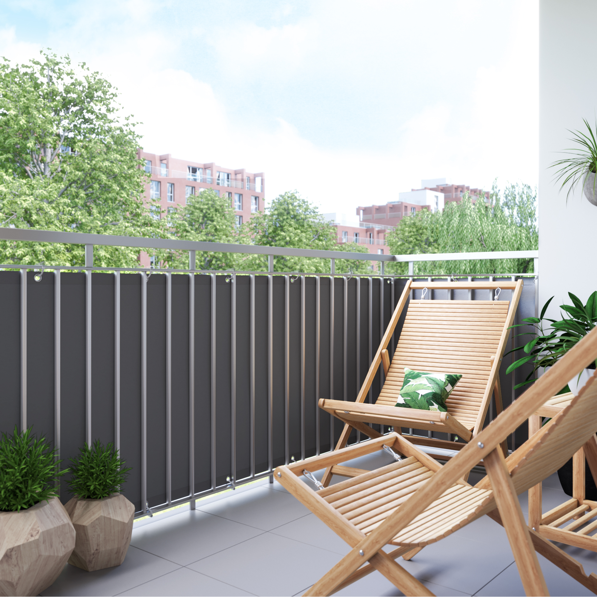 Rivestimento del balcone in poliestere, impermeabile, fissato al parapetto, con lettini e piante
