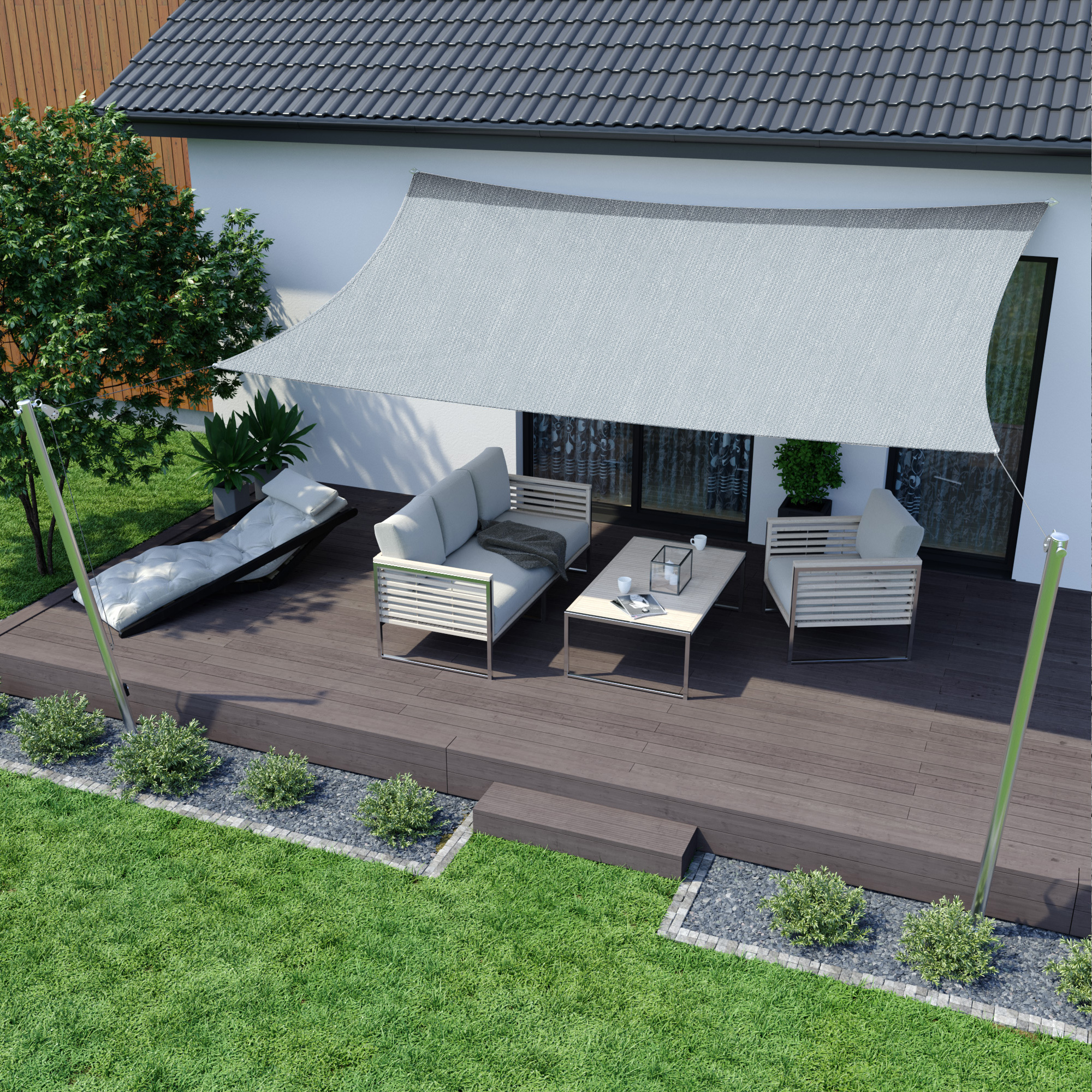 Tenda da sole sopra la terrazza con gruppo di sedute, offre ombra e protezione, materiale traspirante