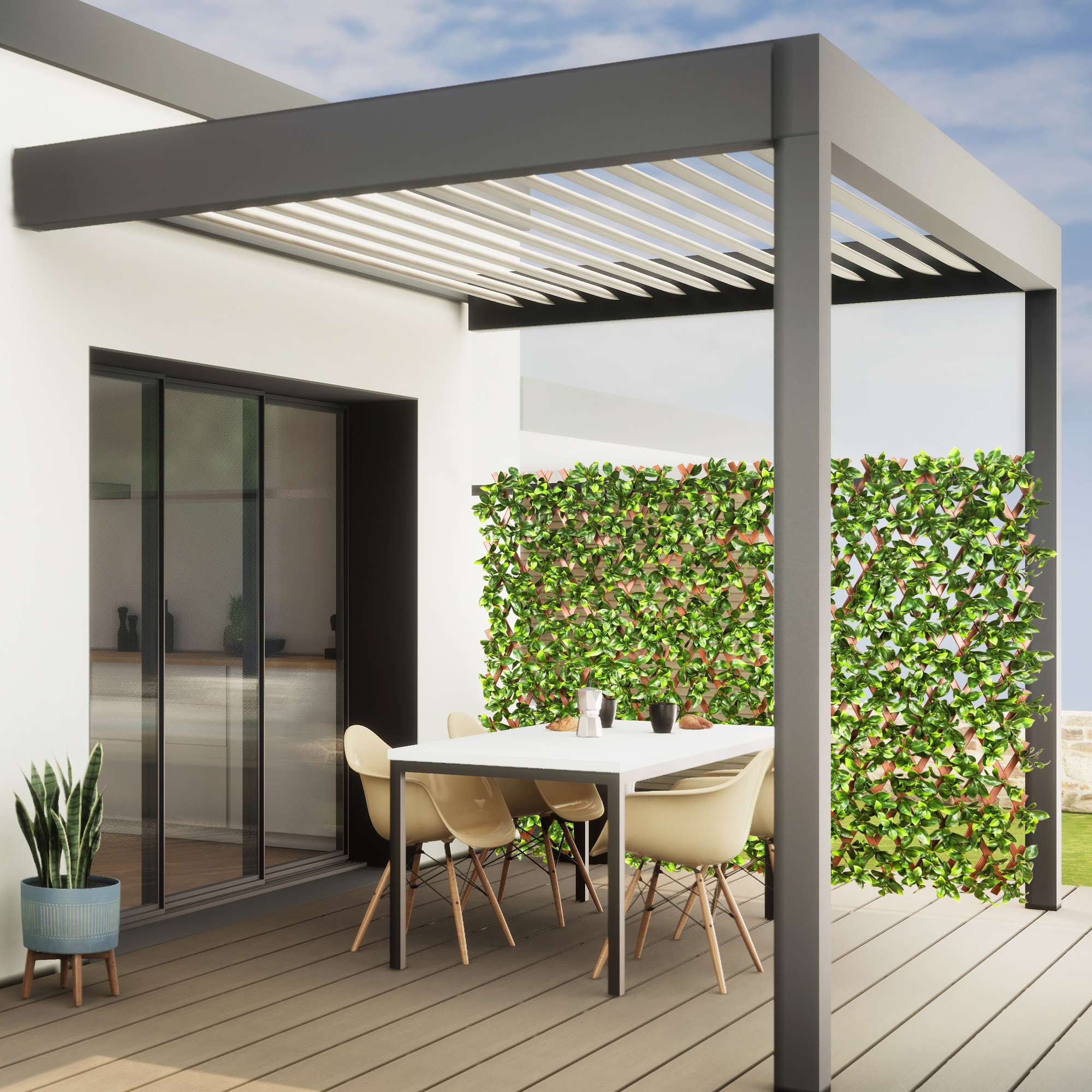 Persona rilassata nella vasca idromassaggio con bevanda, circondata da giardino e parete di piante