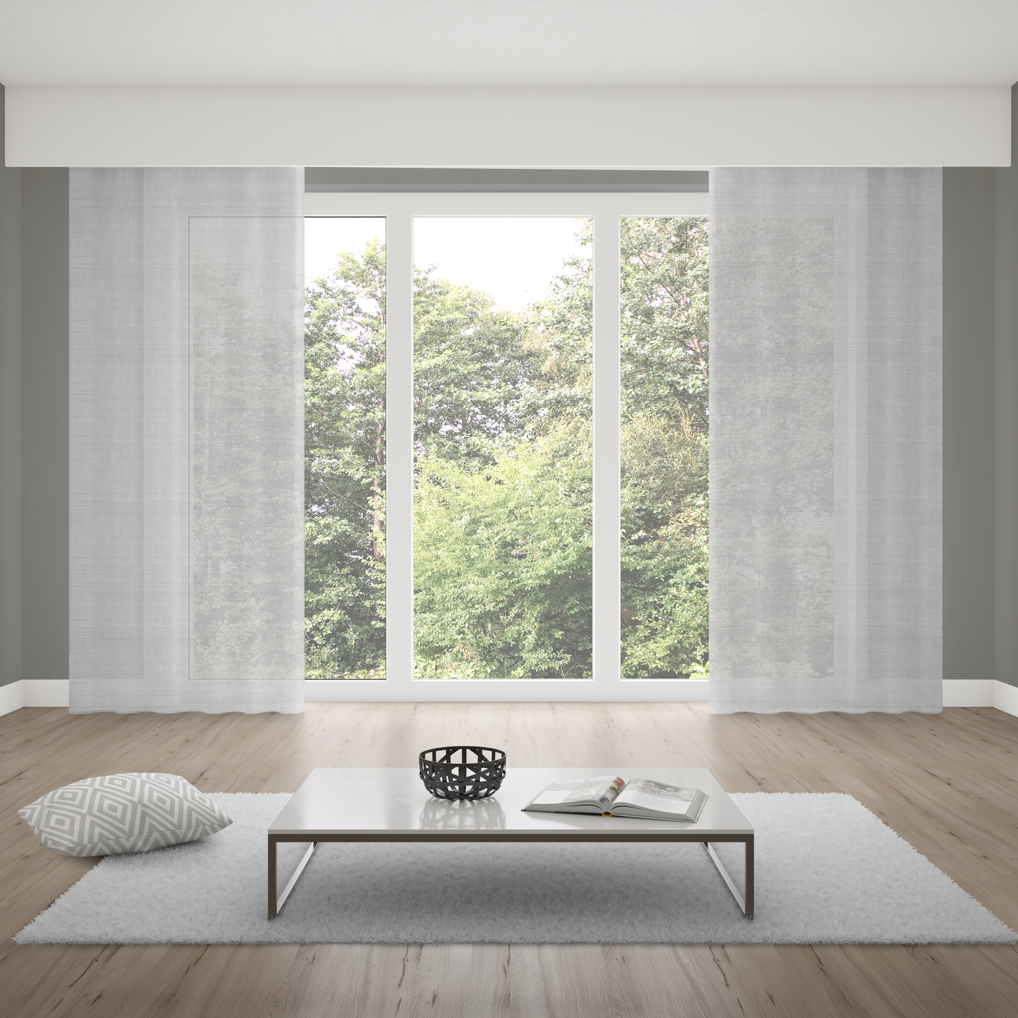Tenda con nastro ad anello in aspetto lino davanti a una grande finestra in ambiente moderno