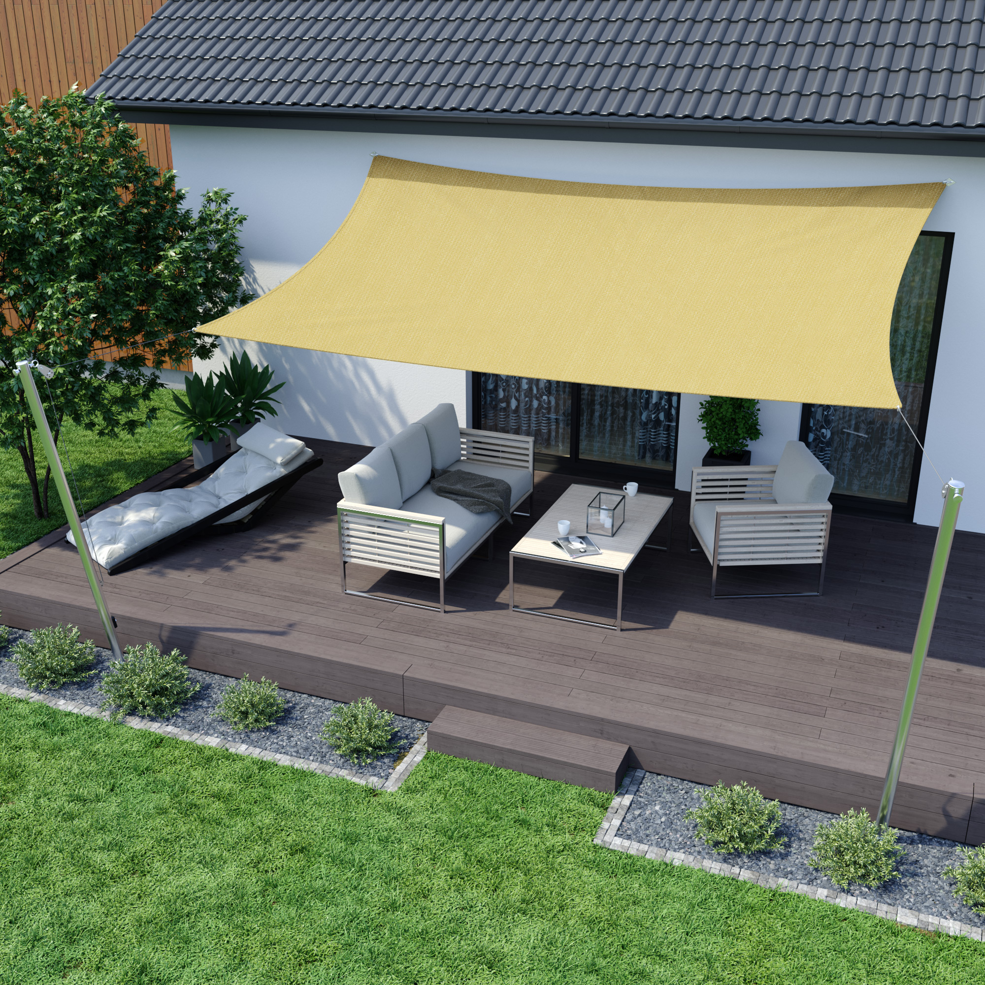 Tenda da sole sopra la terrazza con gruppo di sedute, offre ombra e protezione, materiale traspirante